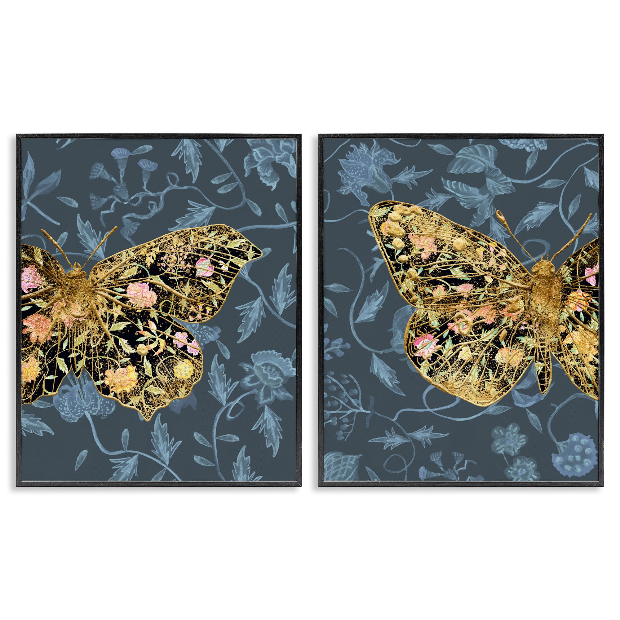 Stupell Industries Gold Winged Black Moth Floral Animals Painting Black Framed Art Print Wall Art, 11 x 14, Set of 2