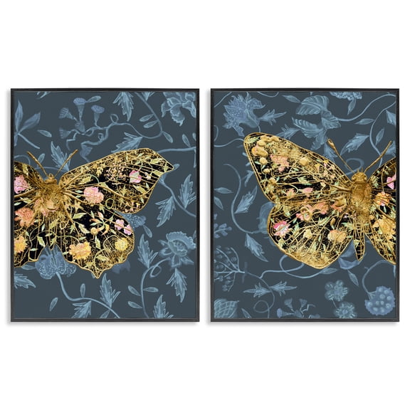 Stupell Industries Gold Winged Black Moth Floral Animals Painting Black Framed Art Print Wall Art, 16 x 20, Set of 2