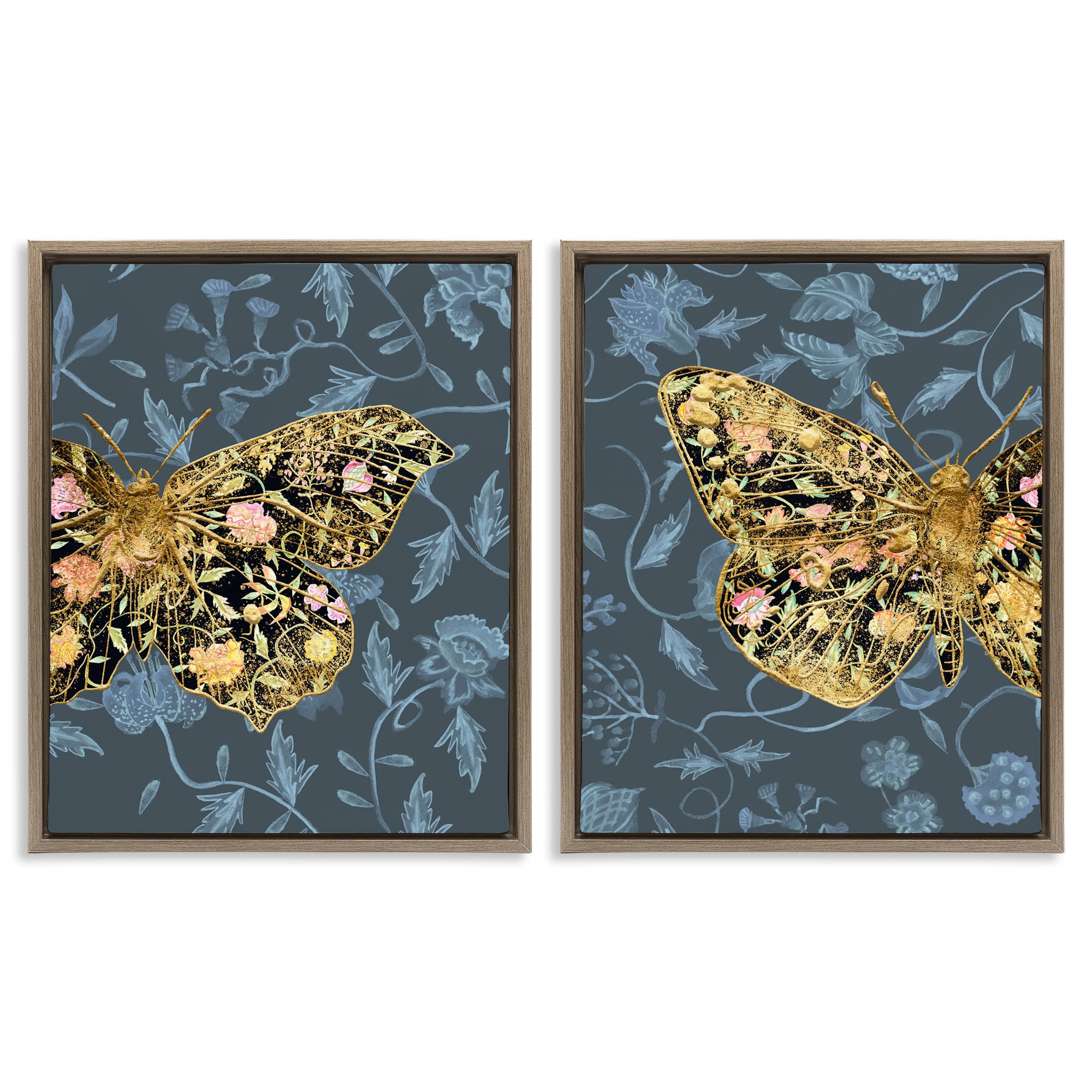 Stupell Industries Gold Winged Black Moth Floral Animals Painting Brown Floater Framed Canvas Art Print Wall Art, 17 x 21, Set of 2