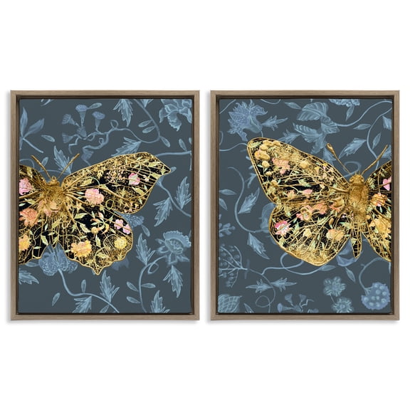Stupell Industries Gold Winged Black Moth Floral Animals Painting Brown Floater Framed Canvas Art Print Wall Art, 17 x 21, Set of 2