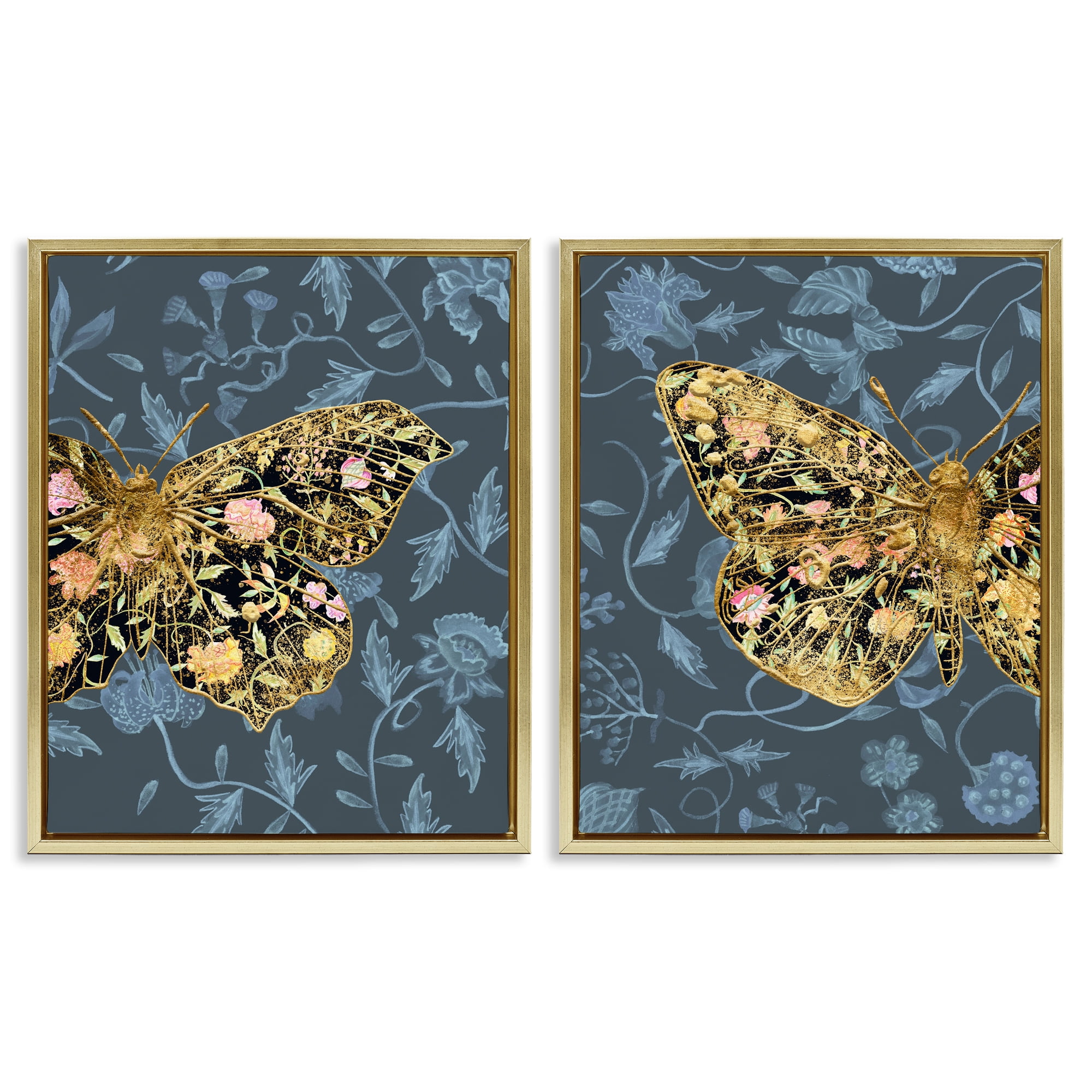Stupell Industries Gold Winged Black Moth Floral Animals Painting Gold Floater Framed Canvas Art Print Wall Art, 17 x 21, Set of 2