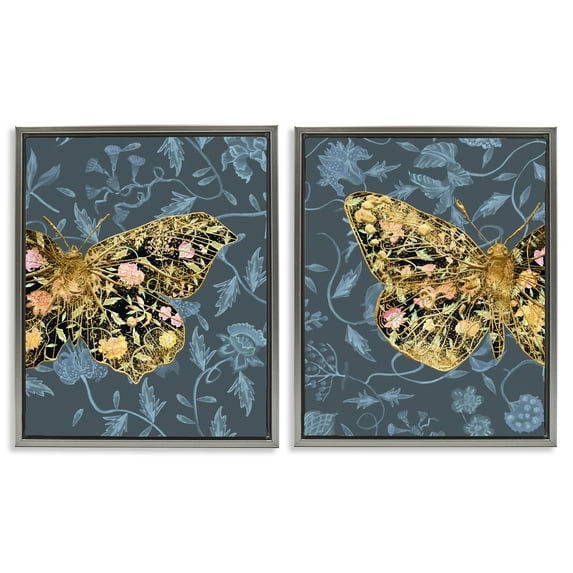 Stupell Industries Gold Winged Black Moth Floral Animals Painting Gray Floater Framed Canvas Art Print Wall Art, 17 x 21, Set of 2