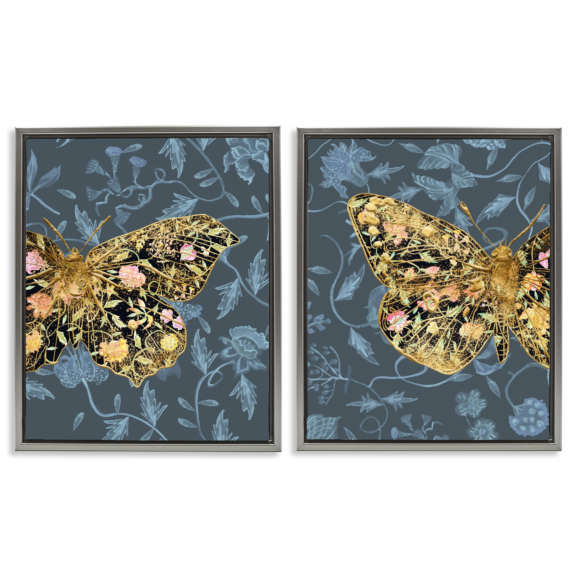 Stupell Industries Gold Winged Black Moth Floral Animals Painting Gray Floater Framed Canvas Art Print Wall Art, 31 x 25, Set of 2