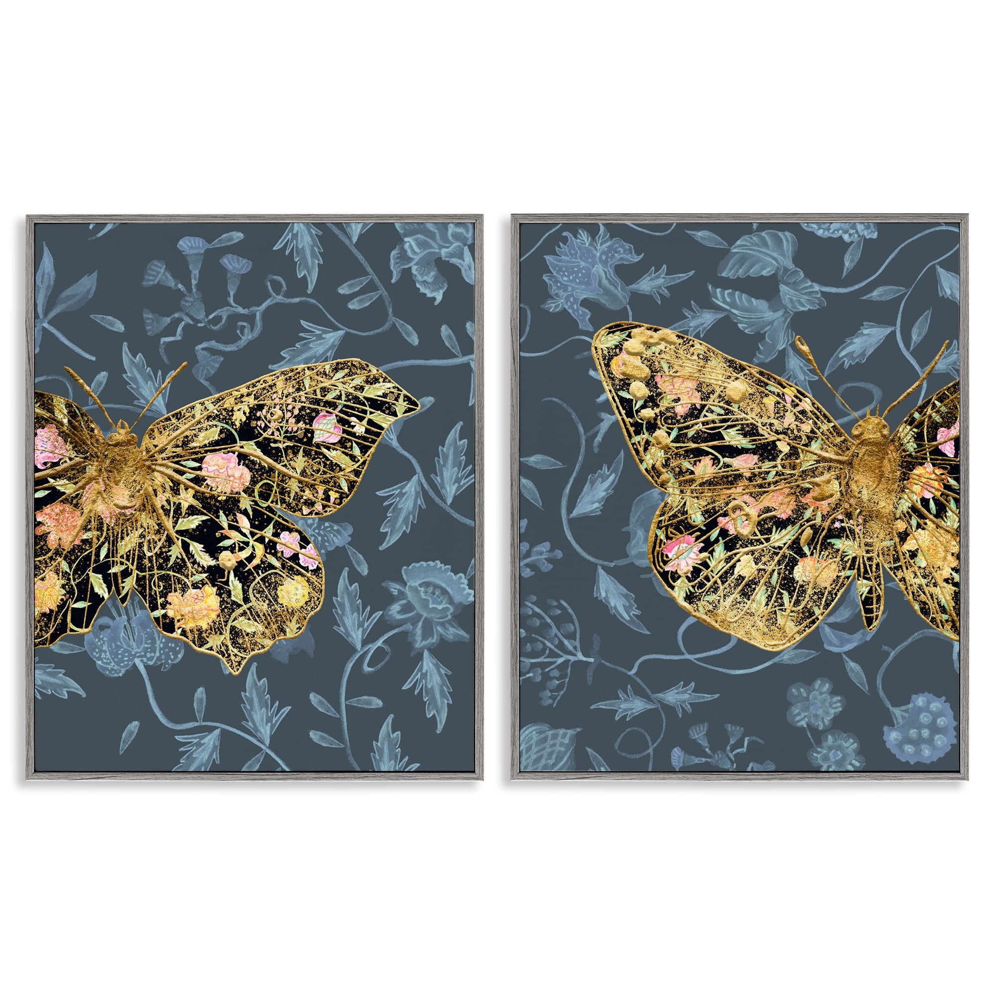 Stupell Industries Gold Winged Black Moth Floral Animals Painting Gray Framed Art Print Wall Art, 24 x 30, Set of 2