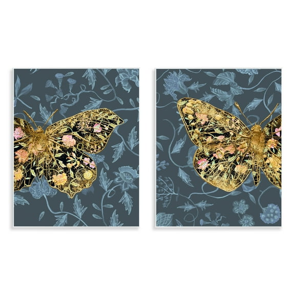 Stupell Industries Gold Winged Black Moth Floral Animals Painting Unframed Art Print Wall Art, 11 x 14, Set of 2