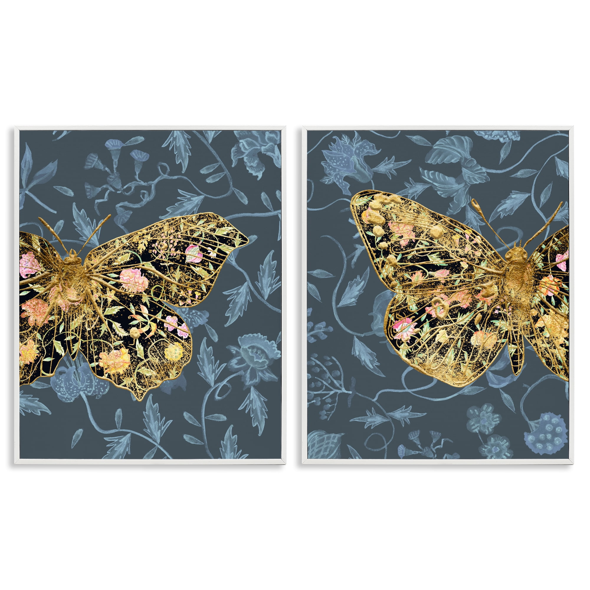 Stupell Industries Gold Winged Black Moth Floral Animals Painting White Framed Art Print Wall Art, 11 x 14, Set of 2