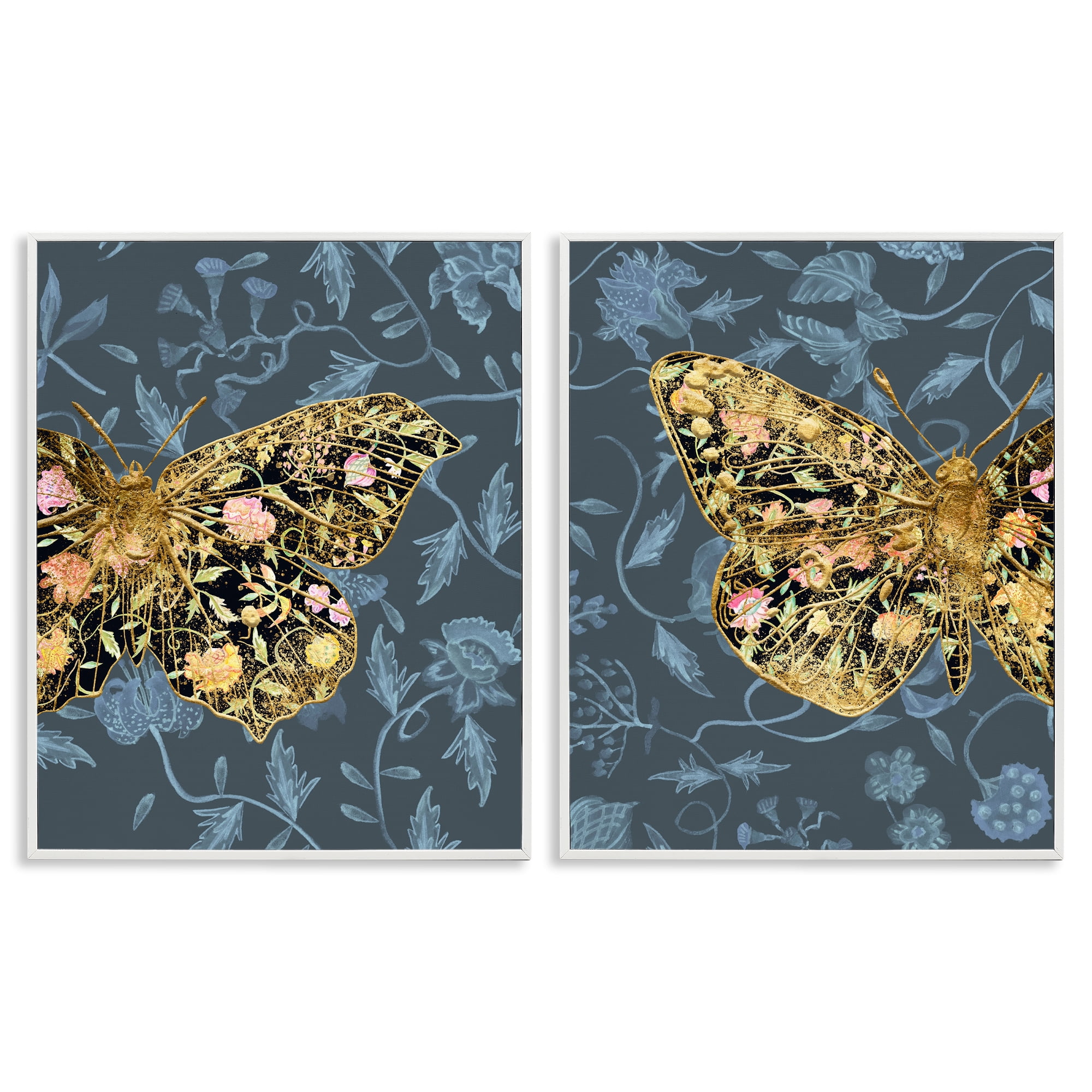 Stupell Industries Gold Winged Black Moth Floral Animals Painting White Framed Art Print Wall Art, 16 x 20, Set of 2
