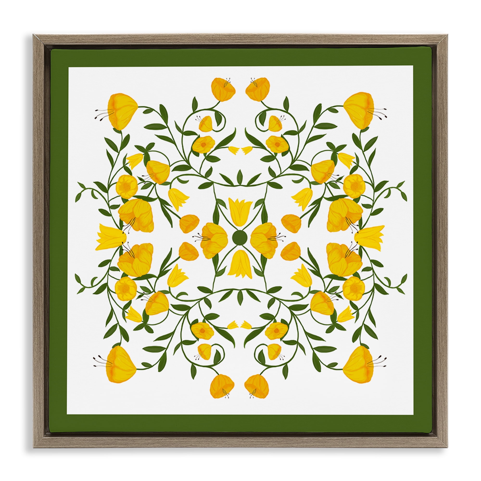 Stupell Industries Golden Blooms Symmetry Plants & Flowers Painting Brown Floater Framed Canvas Art Print Wall Art, 25 x 25