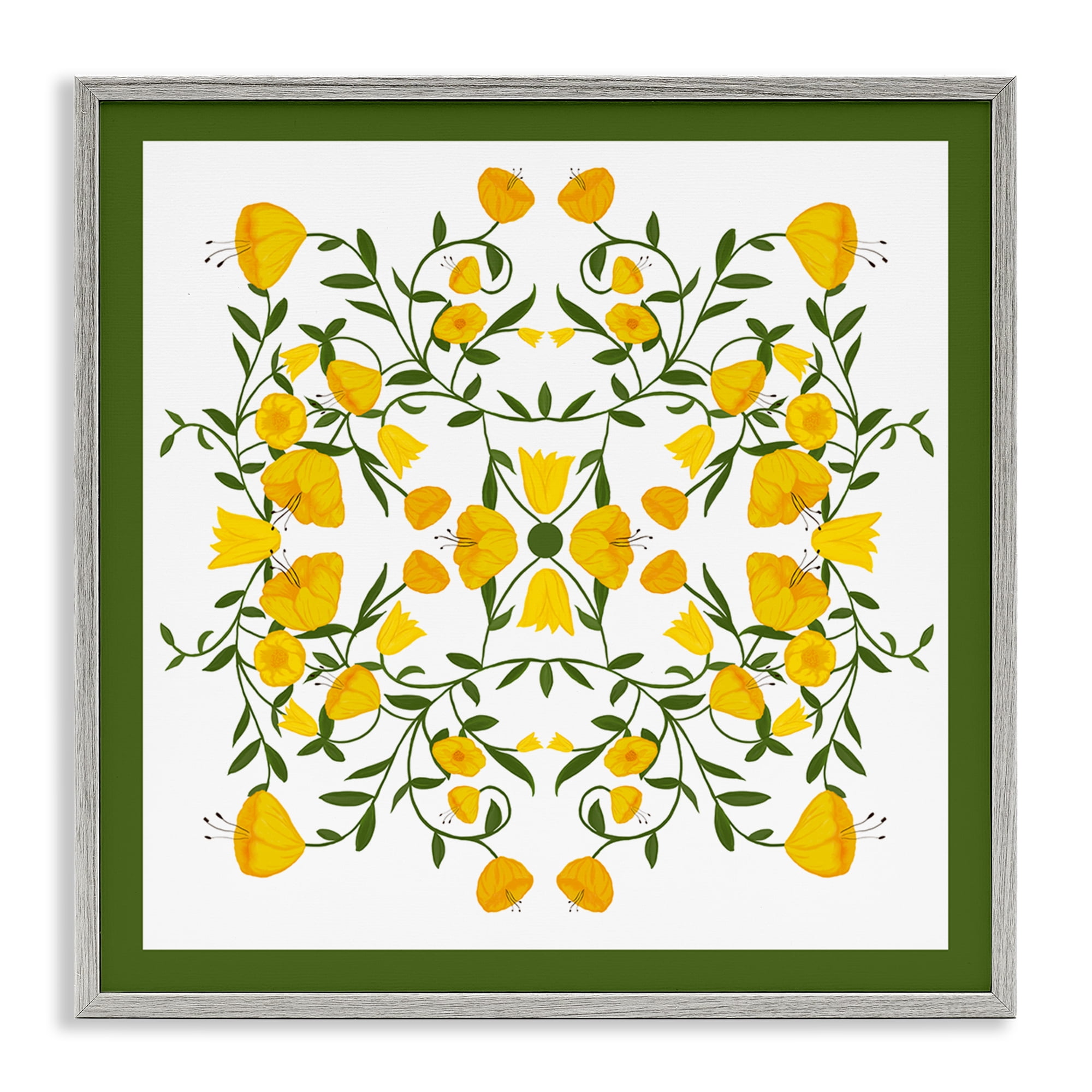 Stupell Industries Golden Blooms Symmetry Plants & Flowers Painting Gray Framed Art Print Wall Art, 12 x 12