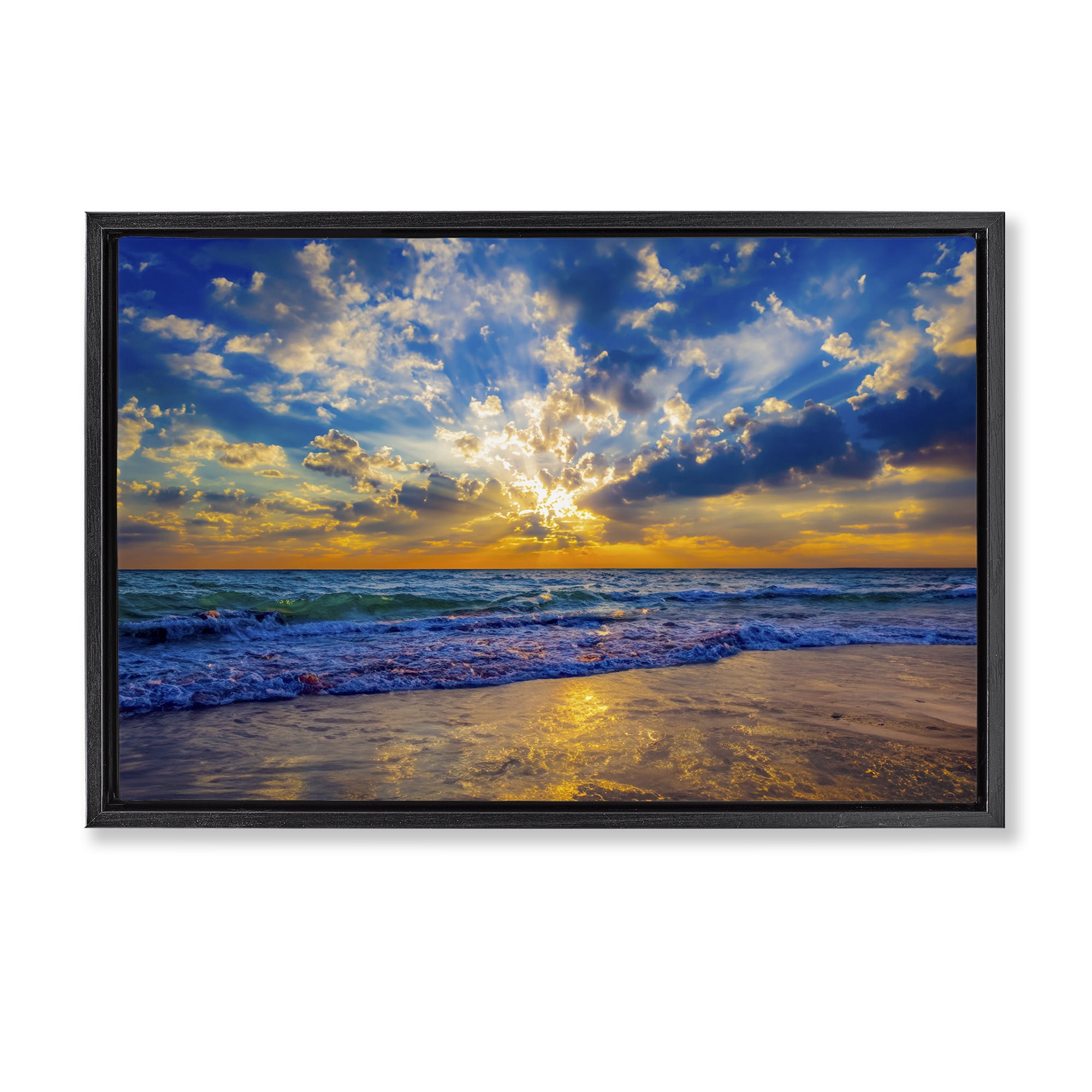 Stupell Industries Golden Blue Sun Ray On Beach Black Framed Floater Canvas Wall Art, design by Eszra Tanner
