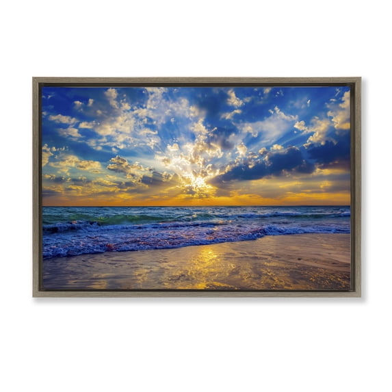 Stupell Industries Tropical Golden Blue Sun Ray On Beach Brown Floating Frame Canvas Art, 31 x 21, by Eszra Tanner