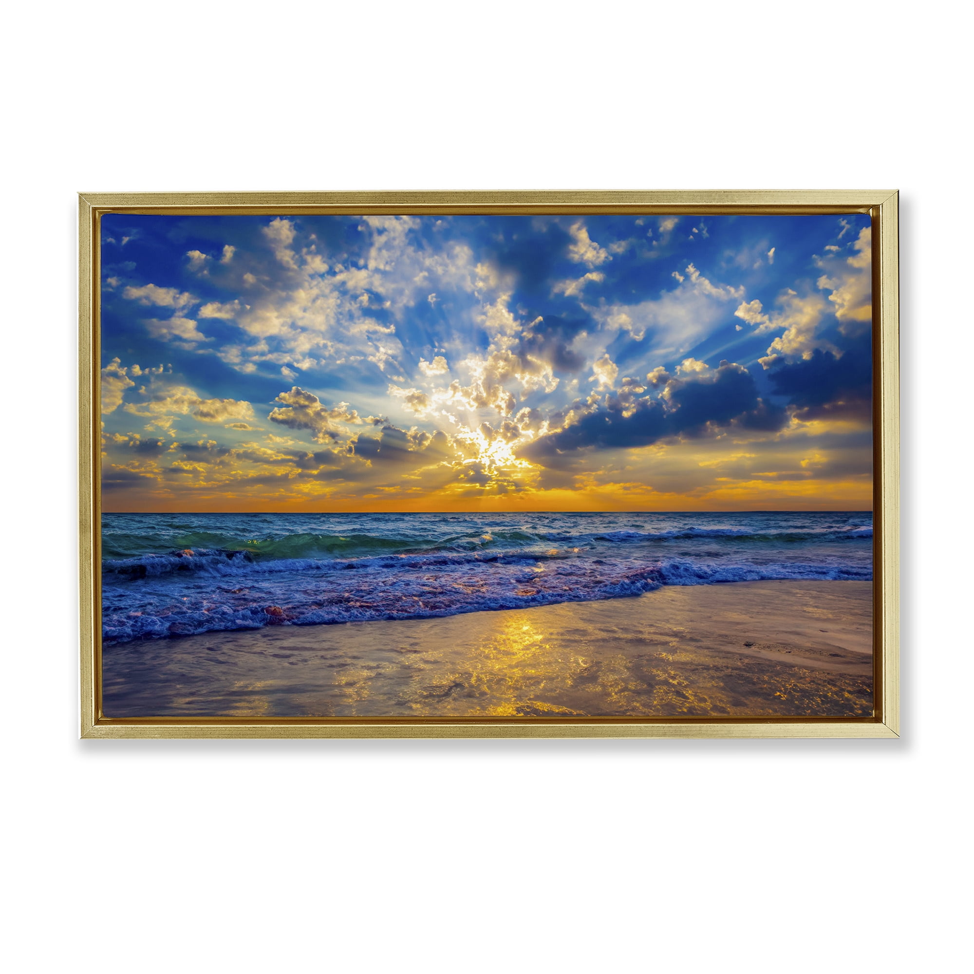 Stupell Industries Golden Blue Sun Ray On Beach Gold Framed Floater Canvas Wall Art, design by Eszra Tanner