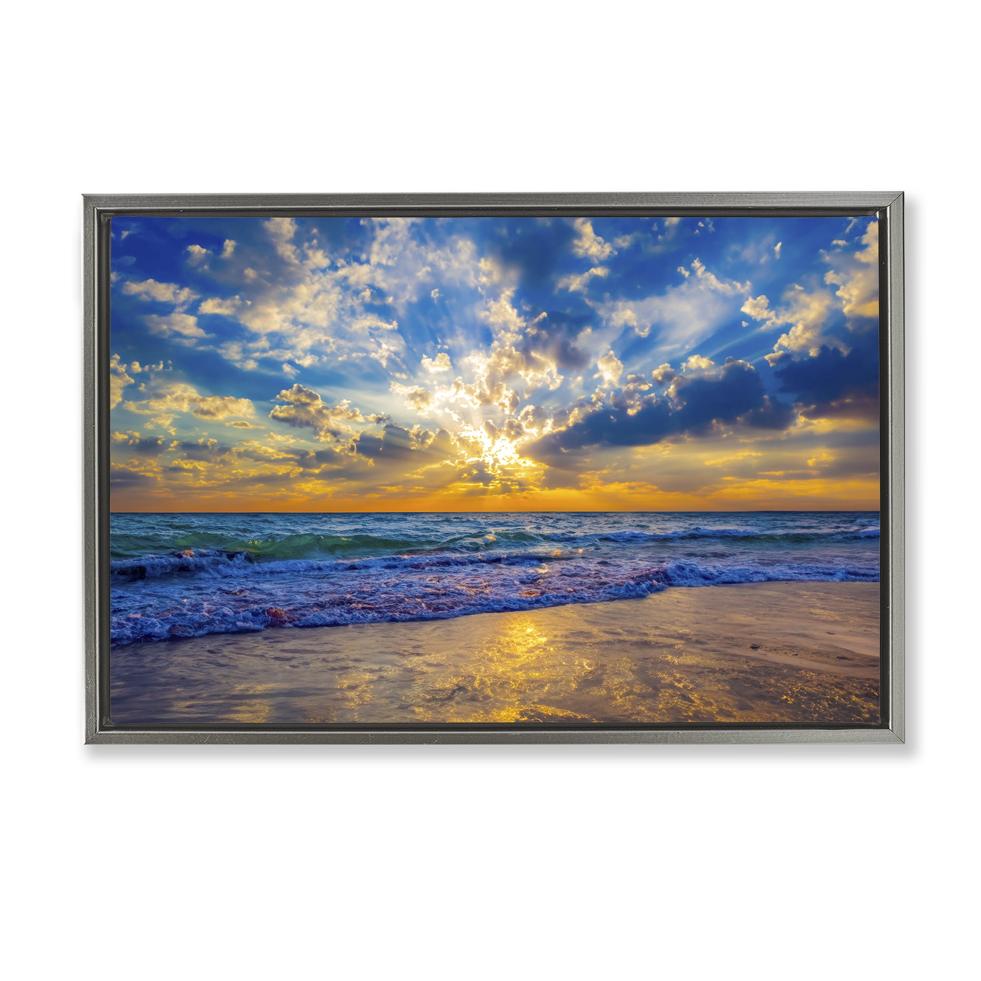 Stupell Industries Golden Blue Sun Ray On Beach Gray Framed Floater Canvas Wall Art, design by Eszra Tanner