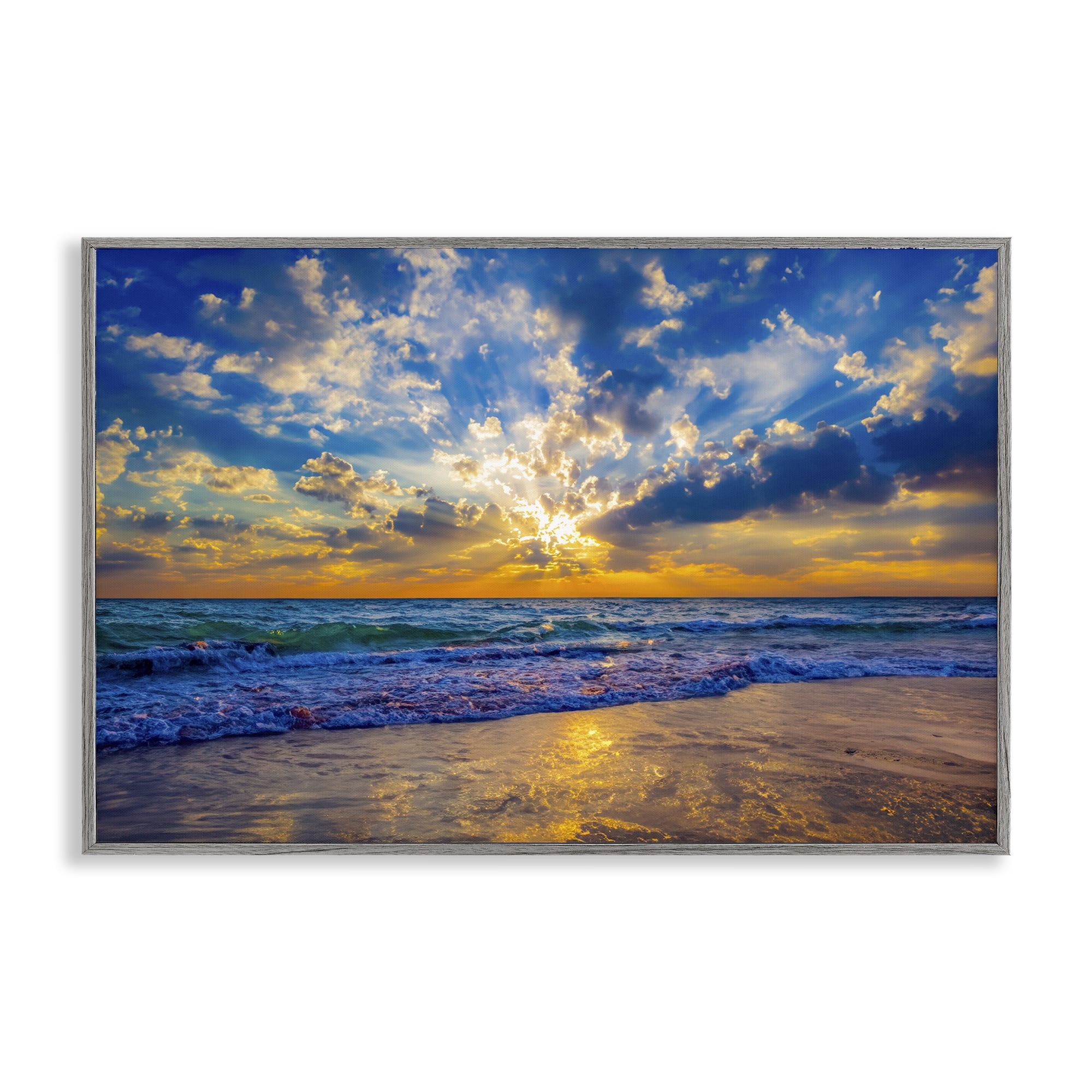 Stupell Industries Golden Blue Sun Ray On Beach Gray Framed Giclee Art, design by Eszra Tanner