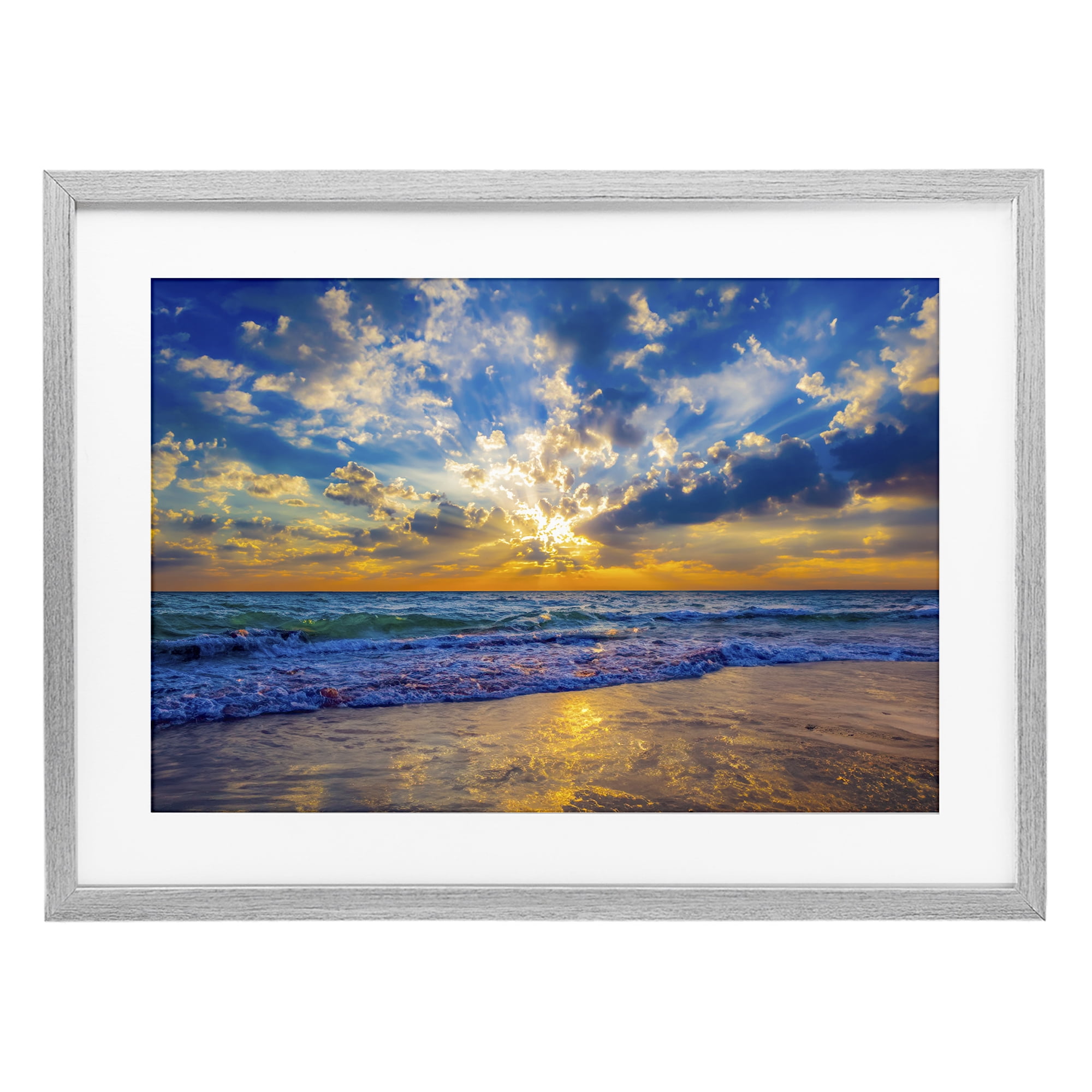 Stupell Industries Golden Blue Sun Ray On Beach Gray Framed Print Under Glass, design by Eszra Tanner