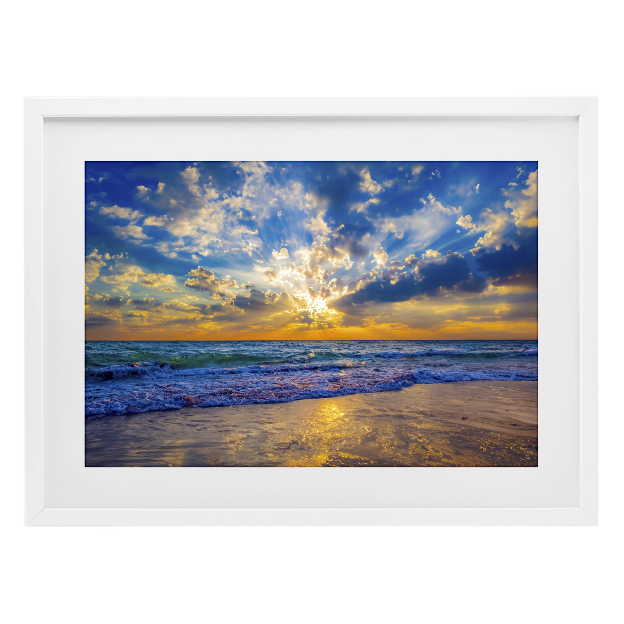 Stupell Industries Golden Blue Sun Ray On Beach White Framed Print Under Glass, design by Eszra Tanner