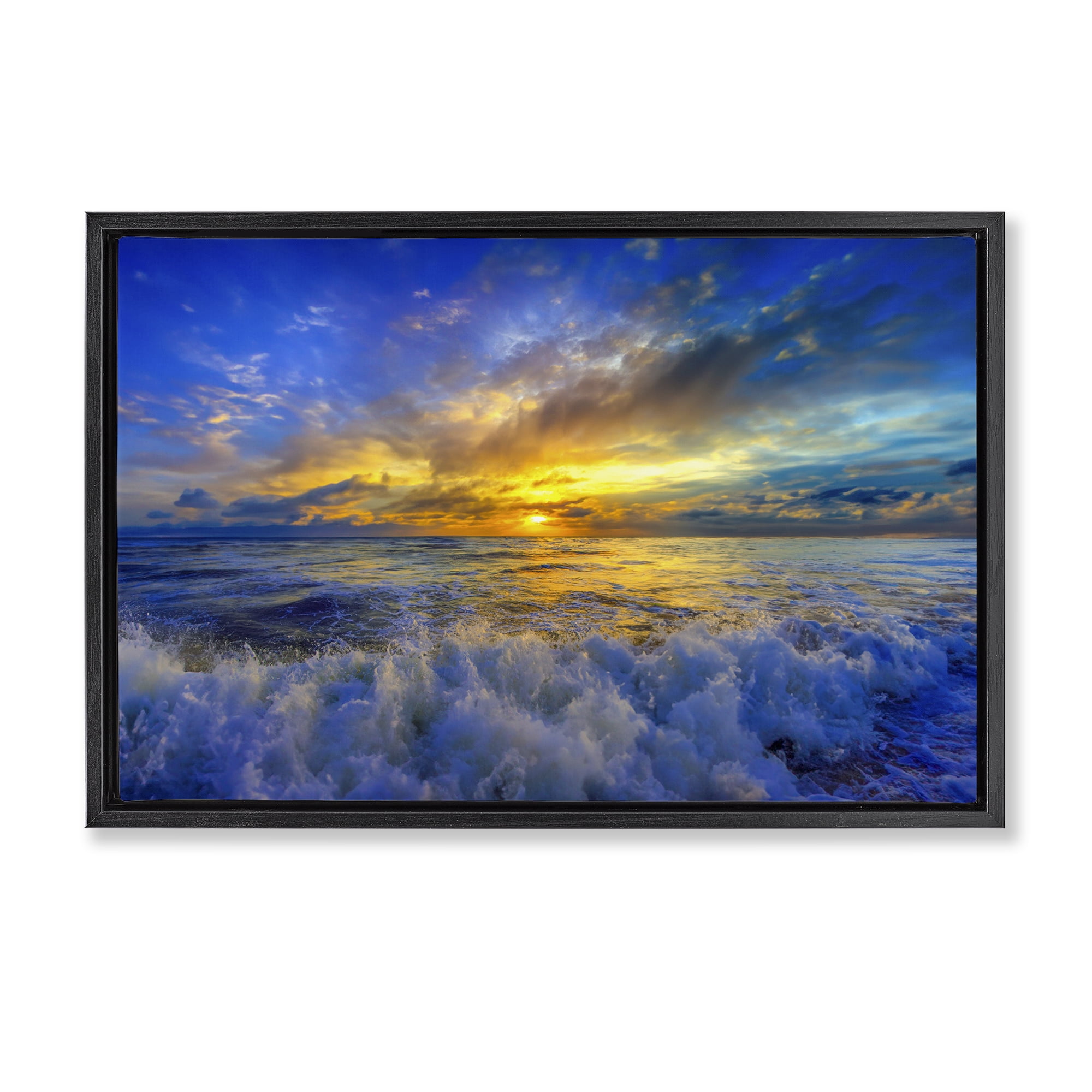 Stupell Industries Golden Blue Sunset over Waves Black Framed Floater Canvas Wall Art, design by Eszra Tanner
