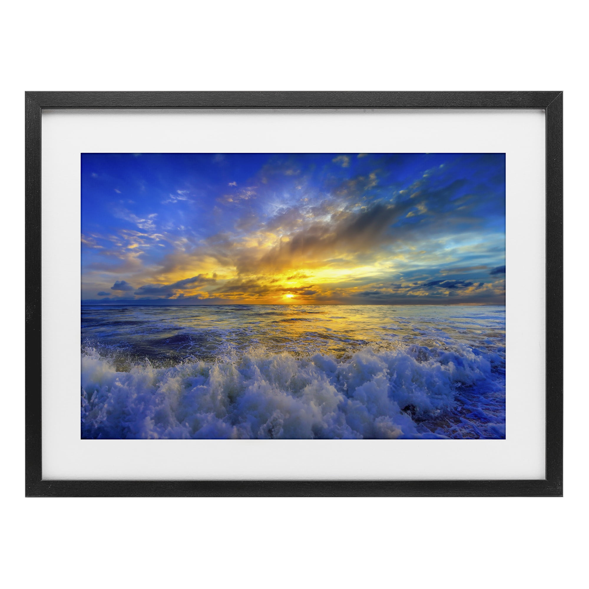 Stupell Industries Golden Blue Sunset over Waves Black Framed Print Under Glass, design by Eszra Tanner