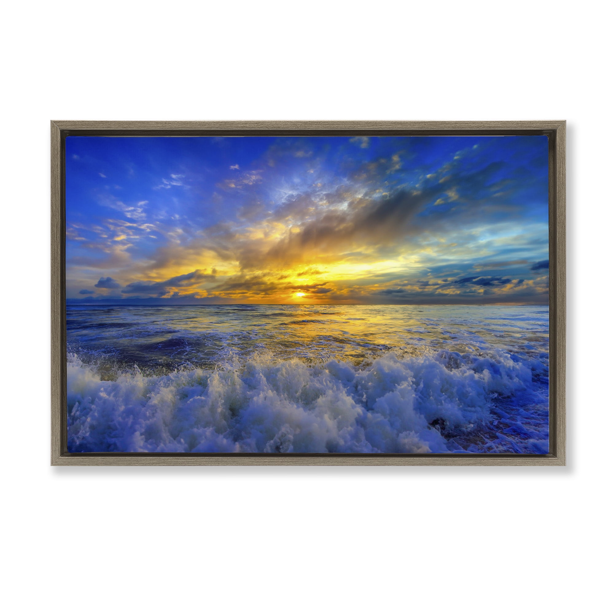 Stupell Industries Golden Blue Sunset over Waves Brown Framed Floater Canvas Wall Art, design by Eszra Tanner