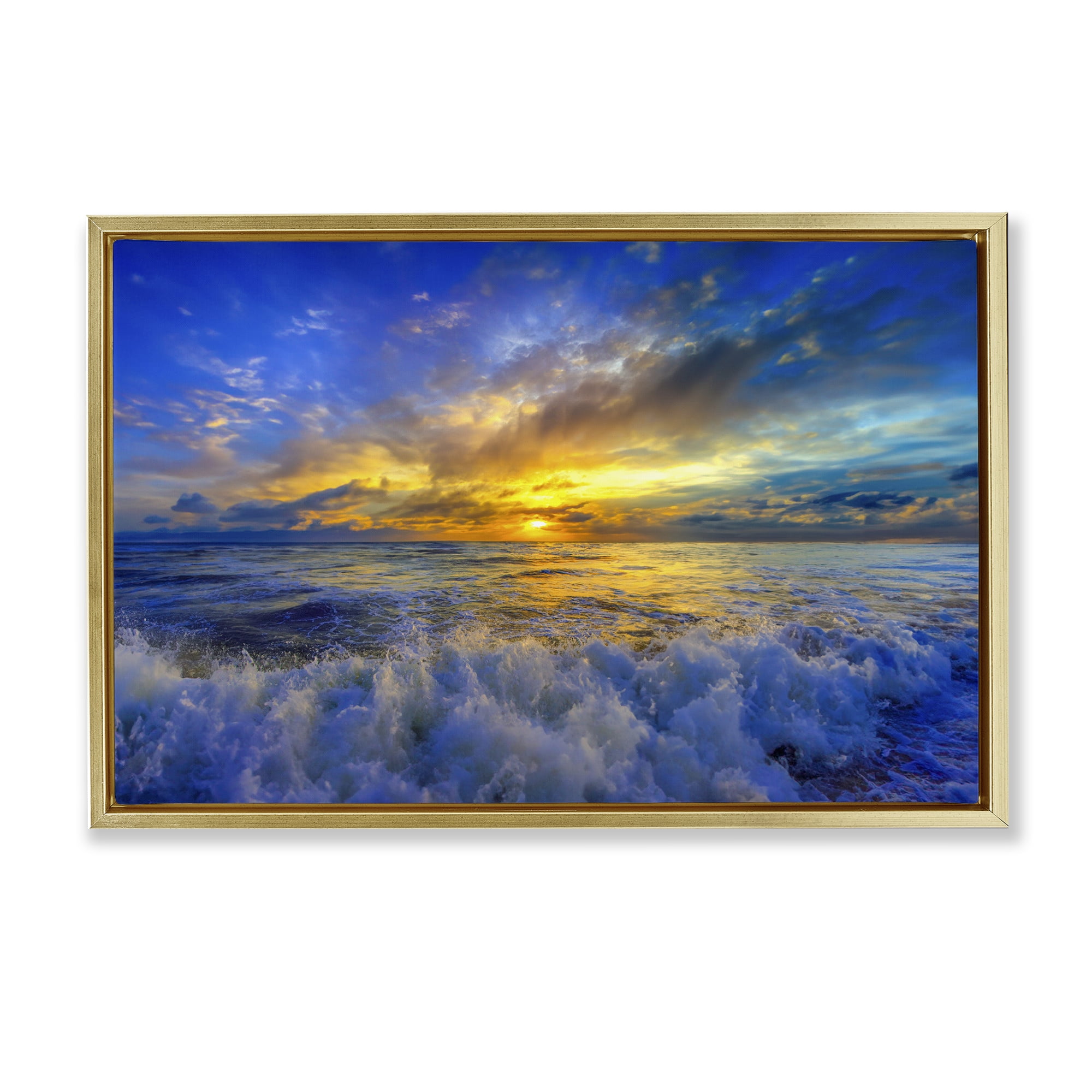 Stupell Industries Golden Blue Sunset over Waves Gold Framed Floater Canvas Wall Art, design by Eszra Tanner