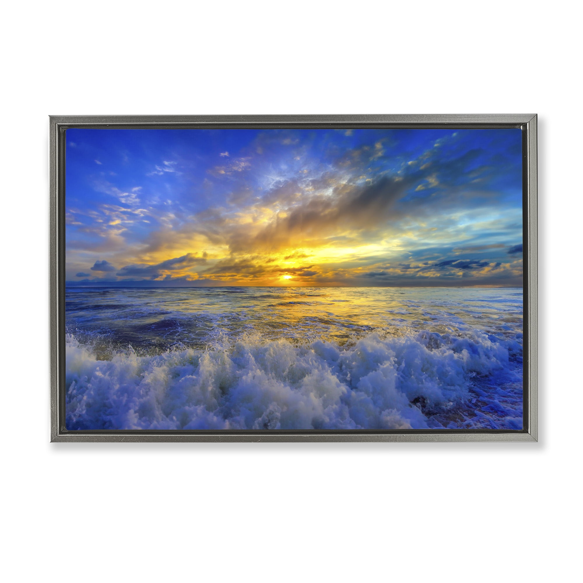 Stupell Industries Golden Blue Sunset over Waves Gray Framed Floater Canvas Wall Art, design by Eszra Tanner