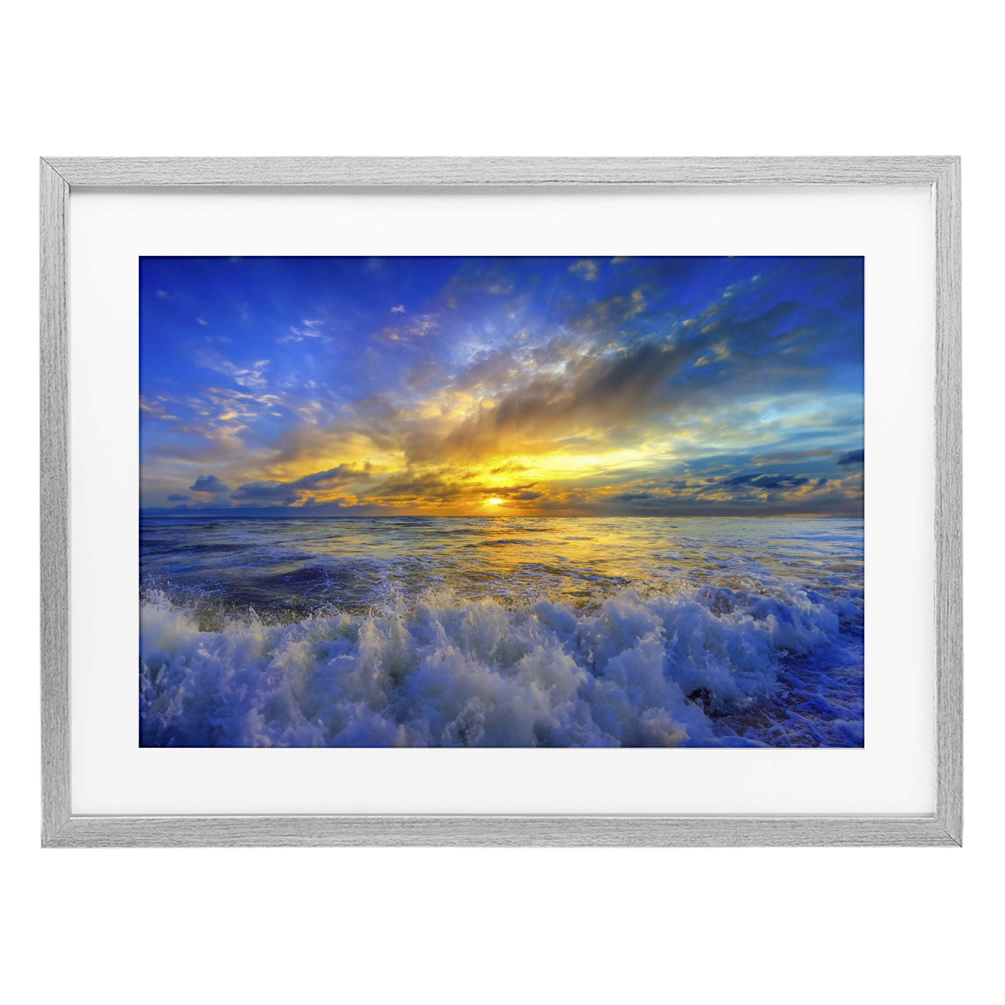 Stupell Industries Golden Blue Sunset over Waves Gray Framed Print Under Glass, design by Eszra Tanner
