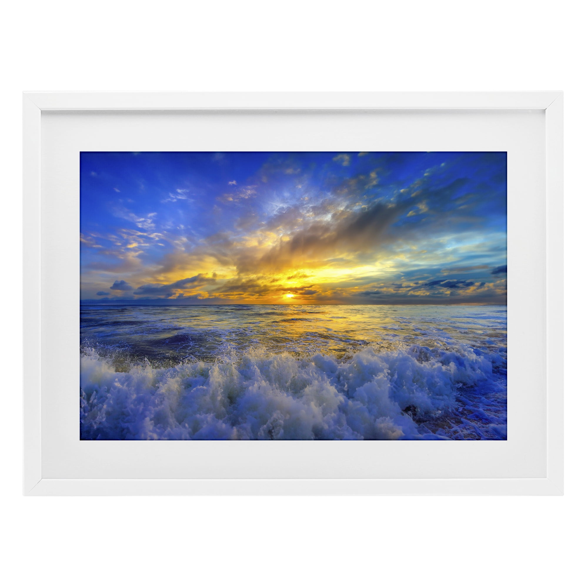 Stupell Industries Golden Blue Sunset over Waves White Framed Print Under Glass, design by Eszra Tanner