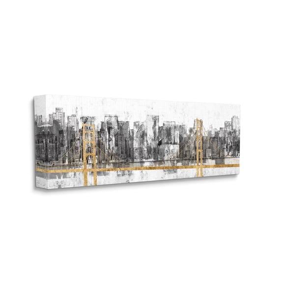 Stupell Industries Golden Bridge over Urban Distressed Cityscape Canvas Wall Art, 13 x 30, Design by Jennifer Goldberger