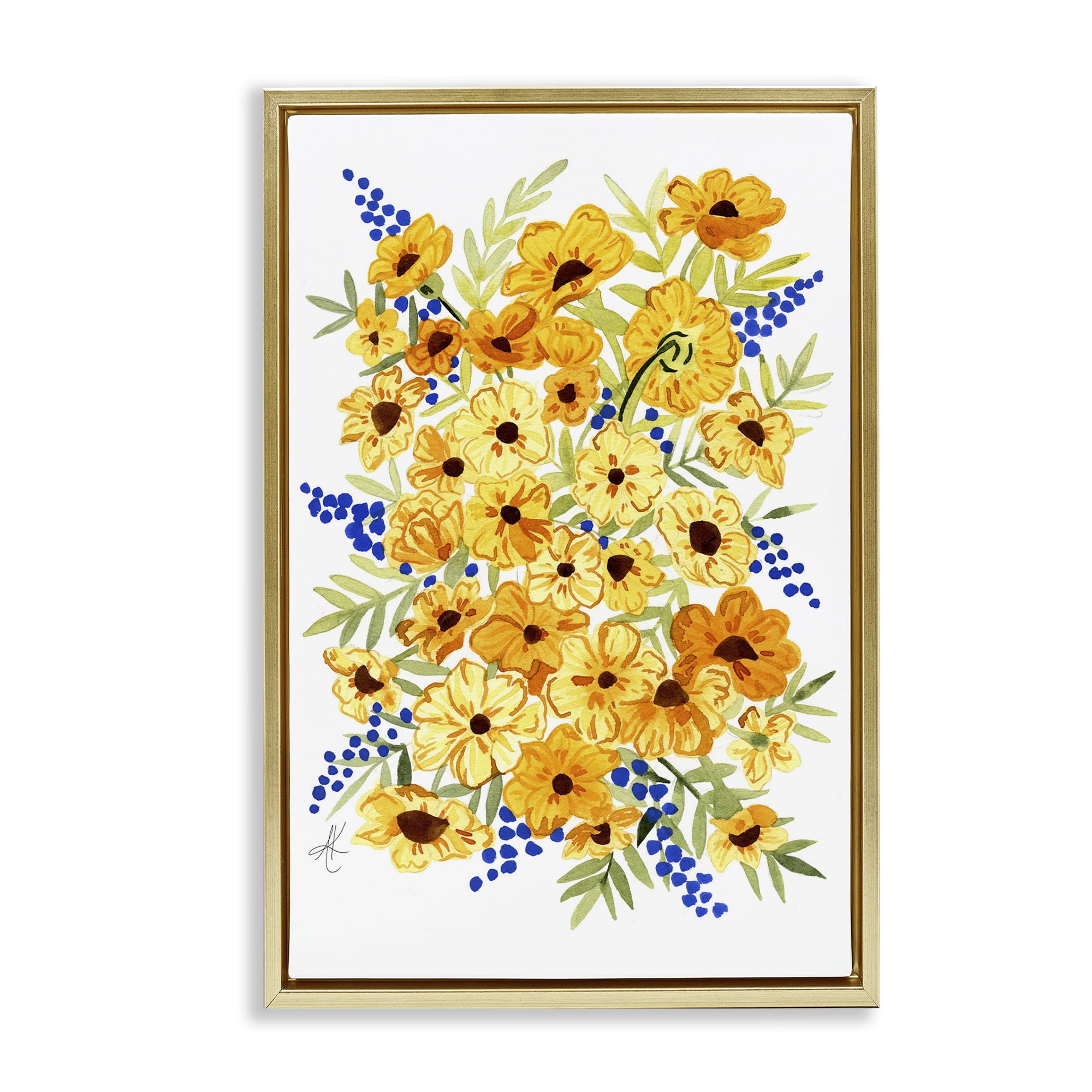 Stupell Industries Golden Cosmos Flowers Botanical & Floral Painting Gold Floater Framed Art Print Wall Art, 17 x 25