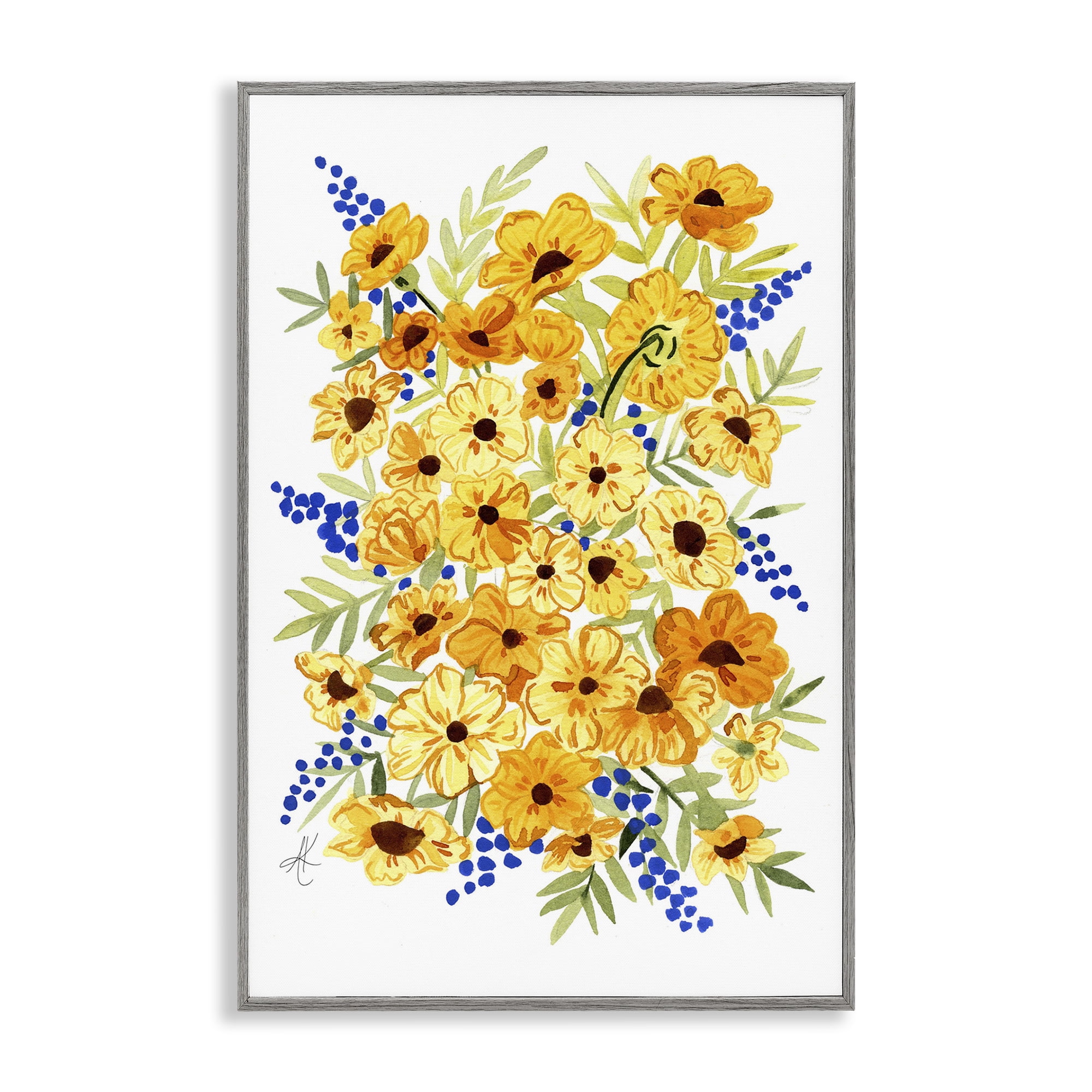 Stupell Industries Golden Cosmos Flowers Botanical & Floral Painting Gray Framed Art Print Wall Art, 16 x 24