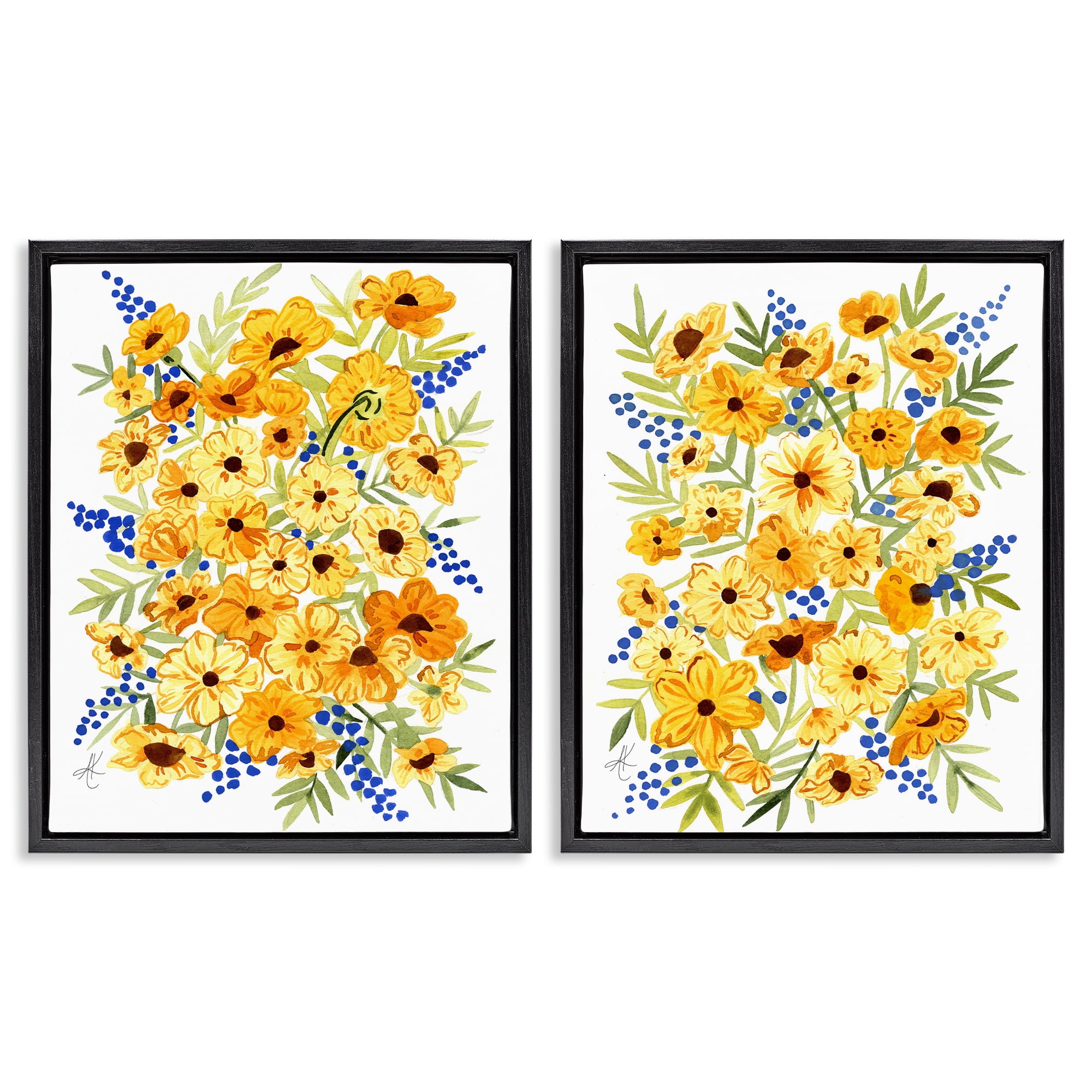 Stupell Industries Golden Cosmos with Blue Berries Plants & Flowers Painting Black Floater Framed Canvas Art Print Wall Art, 31 x 25, Set of 2