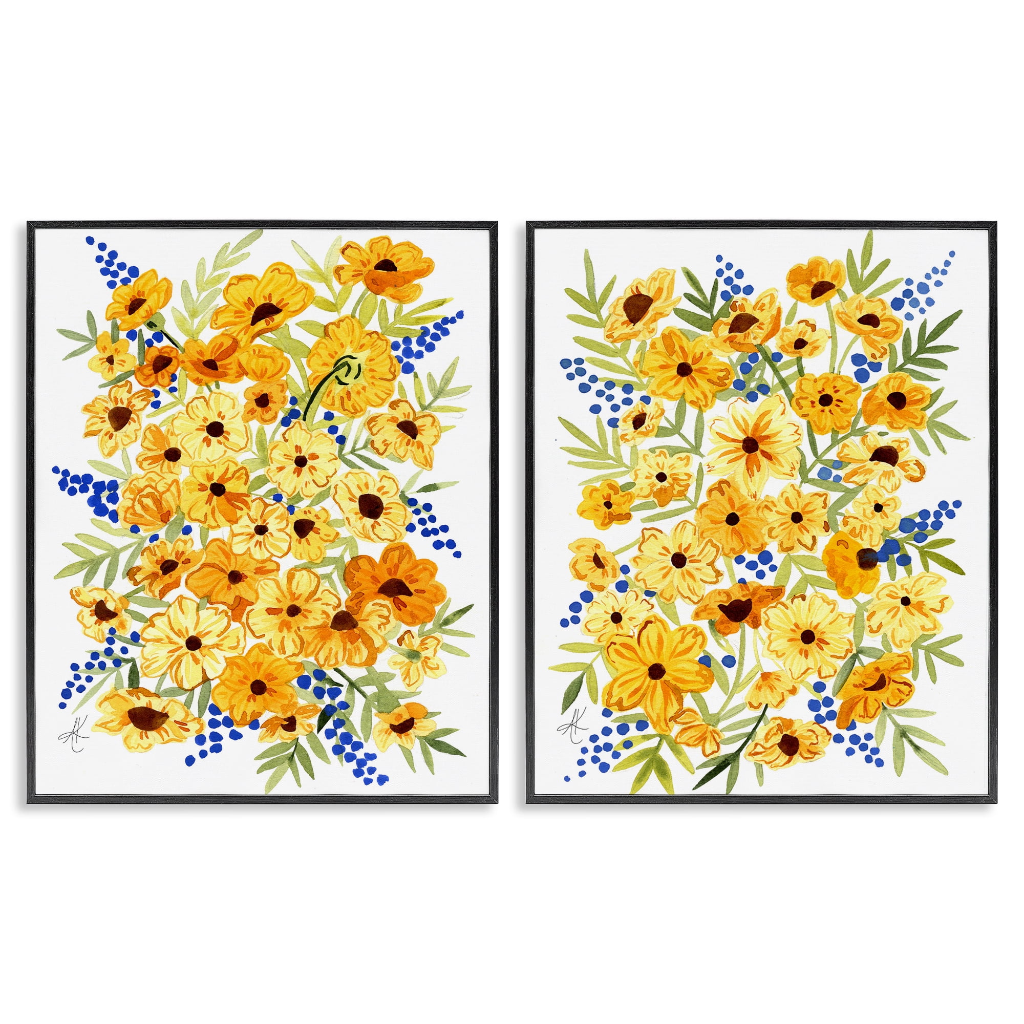 Stupell Industries Golden Cosmos with Blue Berries Plants & Flowers Painting Black Framed Art Print Wall Art, 11 x 14, Set of 2