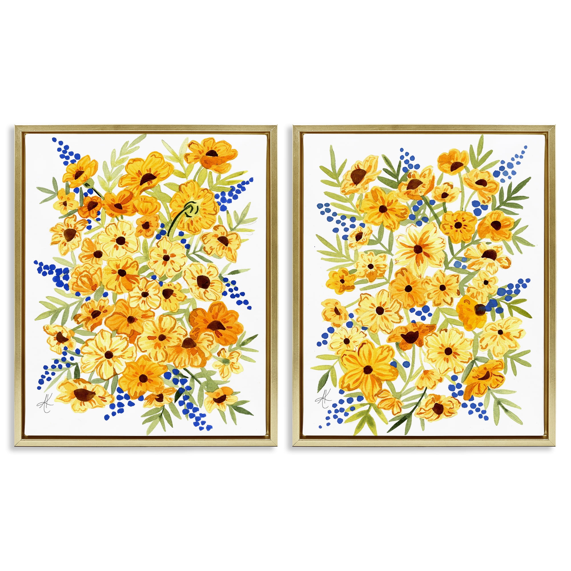 Stupell Industries Golden Cosmos with Blue Berries Plants & Flowers Painting Gold Floater Framed Canvas Art Print Wall Art, 17 x 21, Set of 2