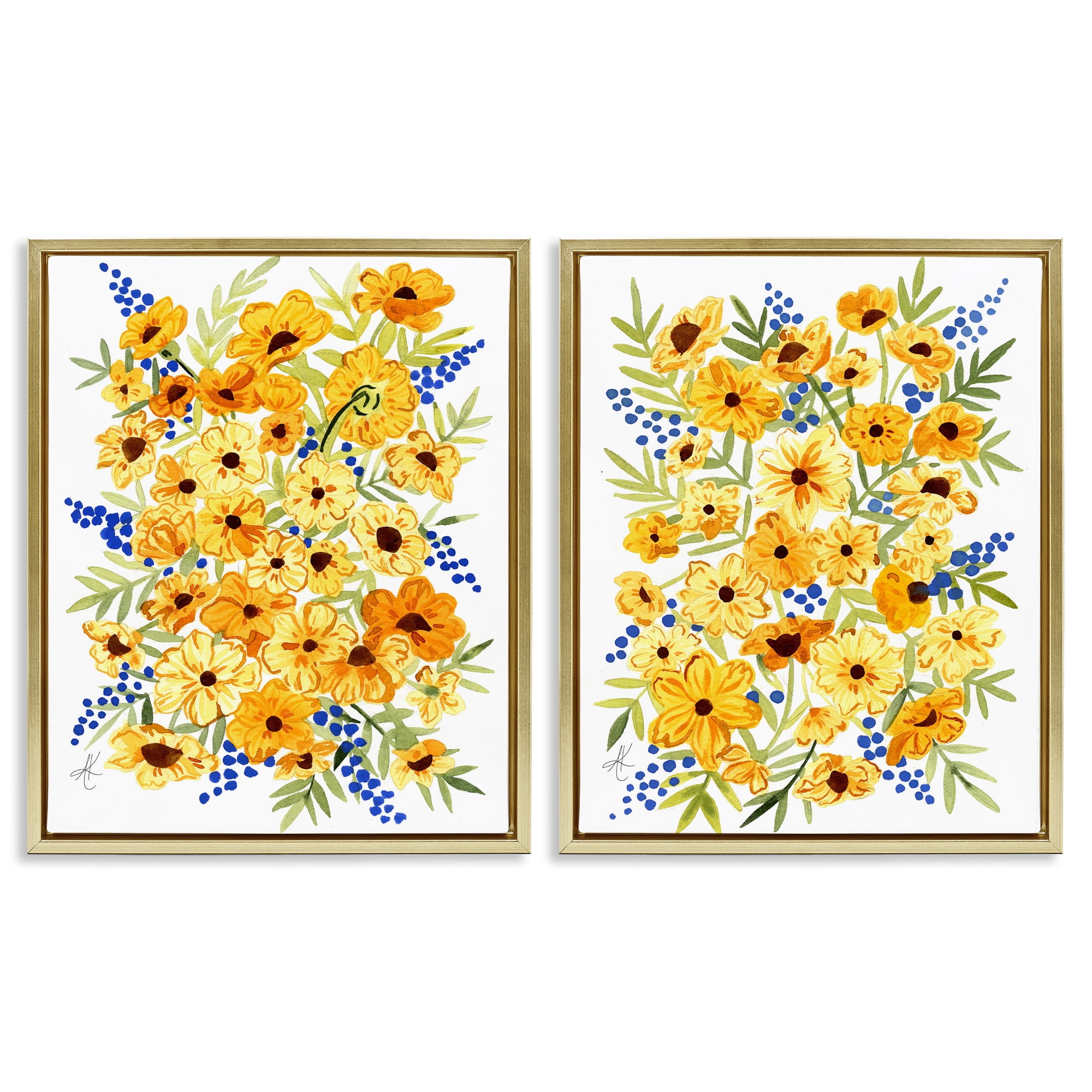 Stupell Industries Golden Cosmos with Blue Berries Plants & Flowers Painting Gold Floater Framed Canvas Art Print Wall Art, 31 x 25, Set of 2