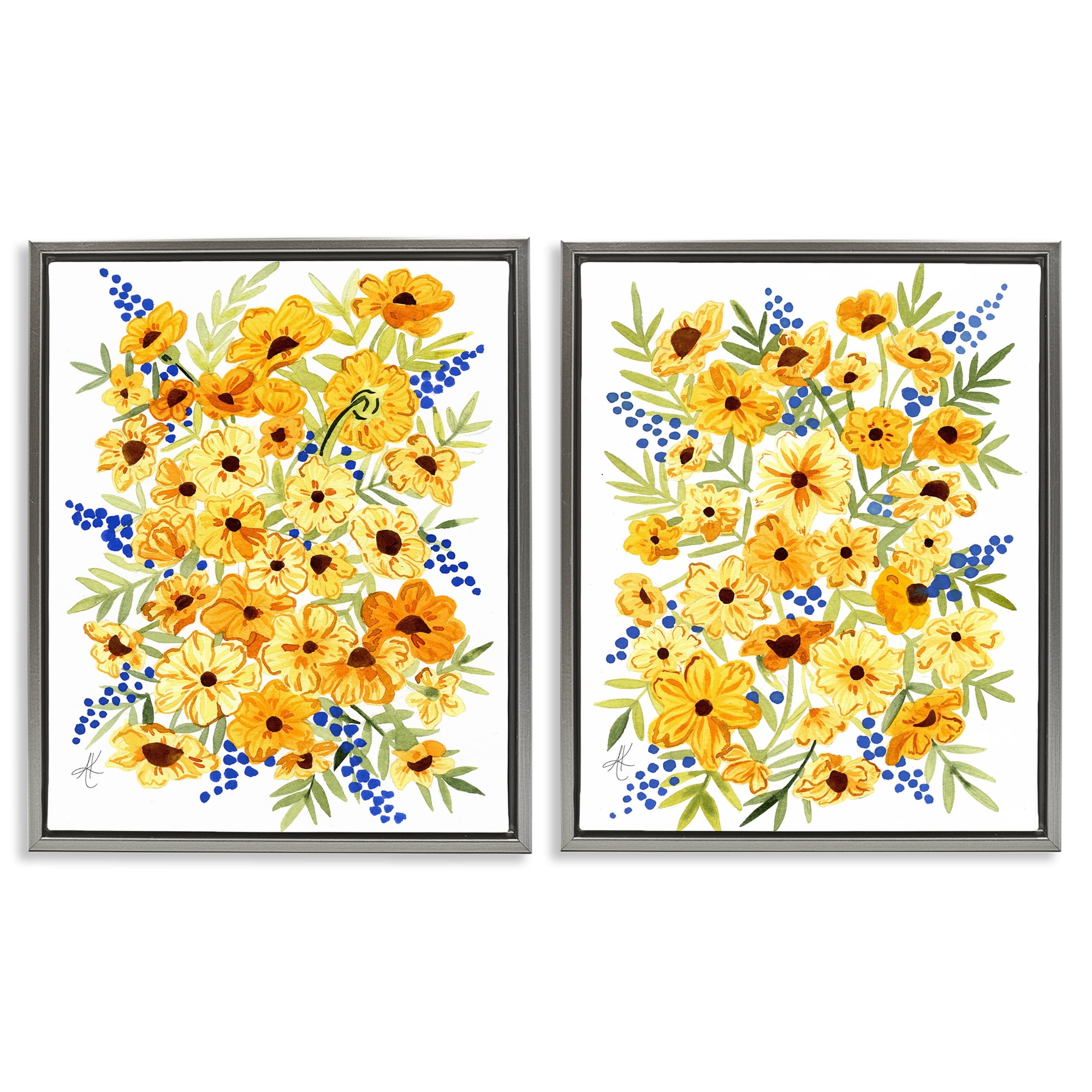 Stupell Industries Golden Cosmos with Blue Berries Plants & Flowers Painting Gray Floater Framed Canvas Art Print Wall Art, 31 x 25, Set of 2