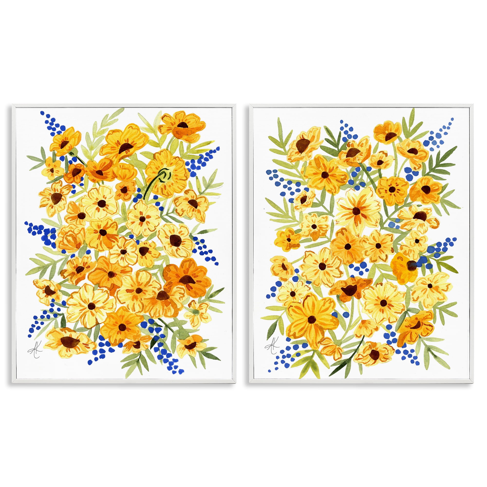 Stupell Industries Golden Cosmos with Blue Berries Plants & Flowers Painting White Framed Art Print Wall Art, 11 x 14, Set of 2