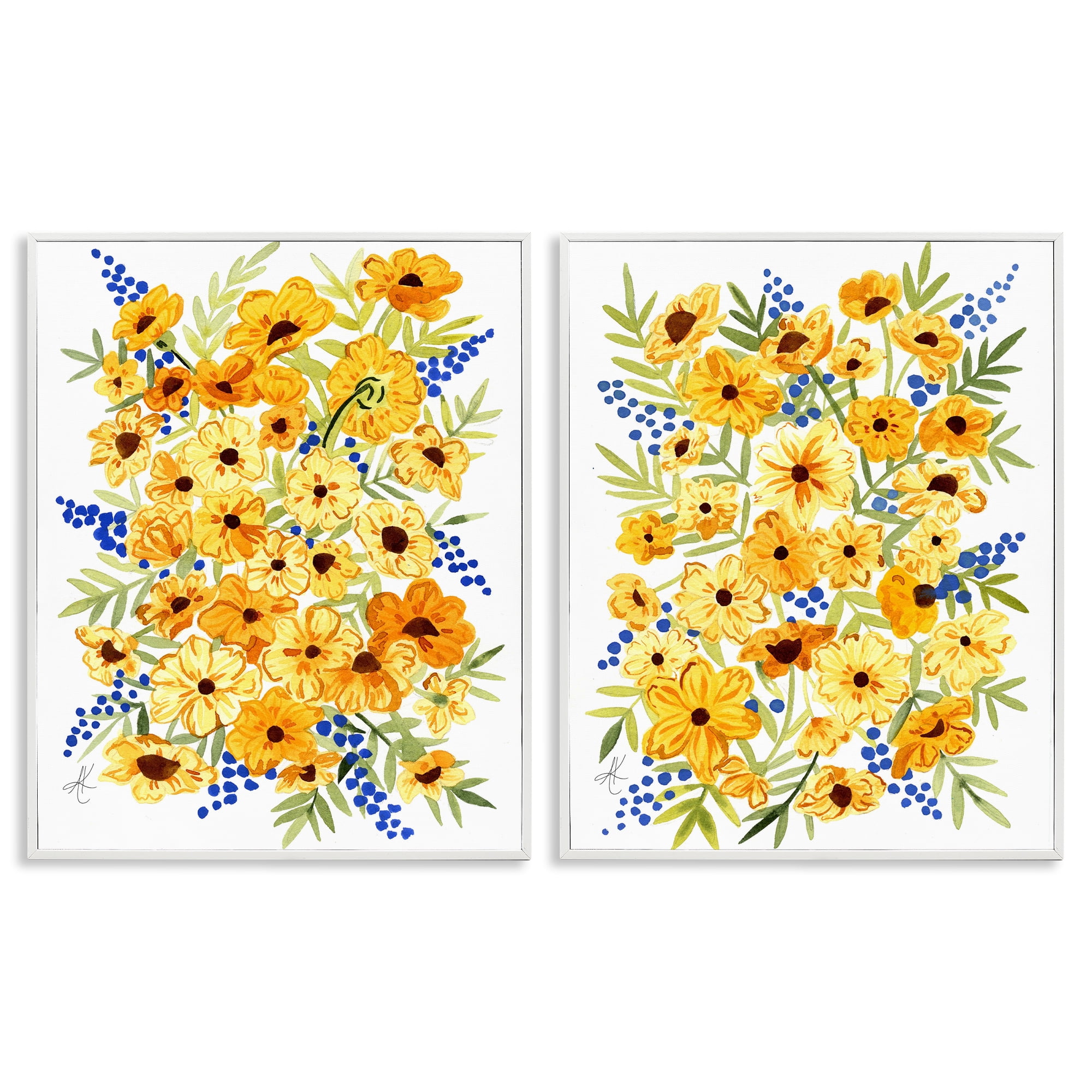 Stupell Industries Golden Cosmos with Blue Berries Plants & Flowers Painting White Framed Art Print Wall Art, 16 x 20, Set of 2