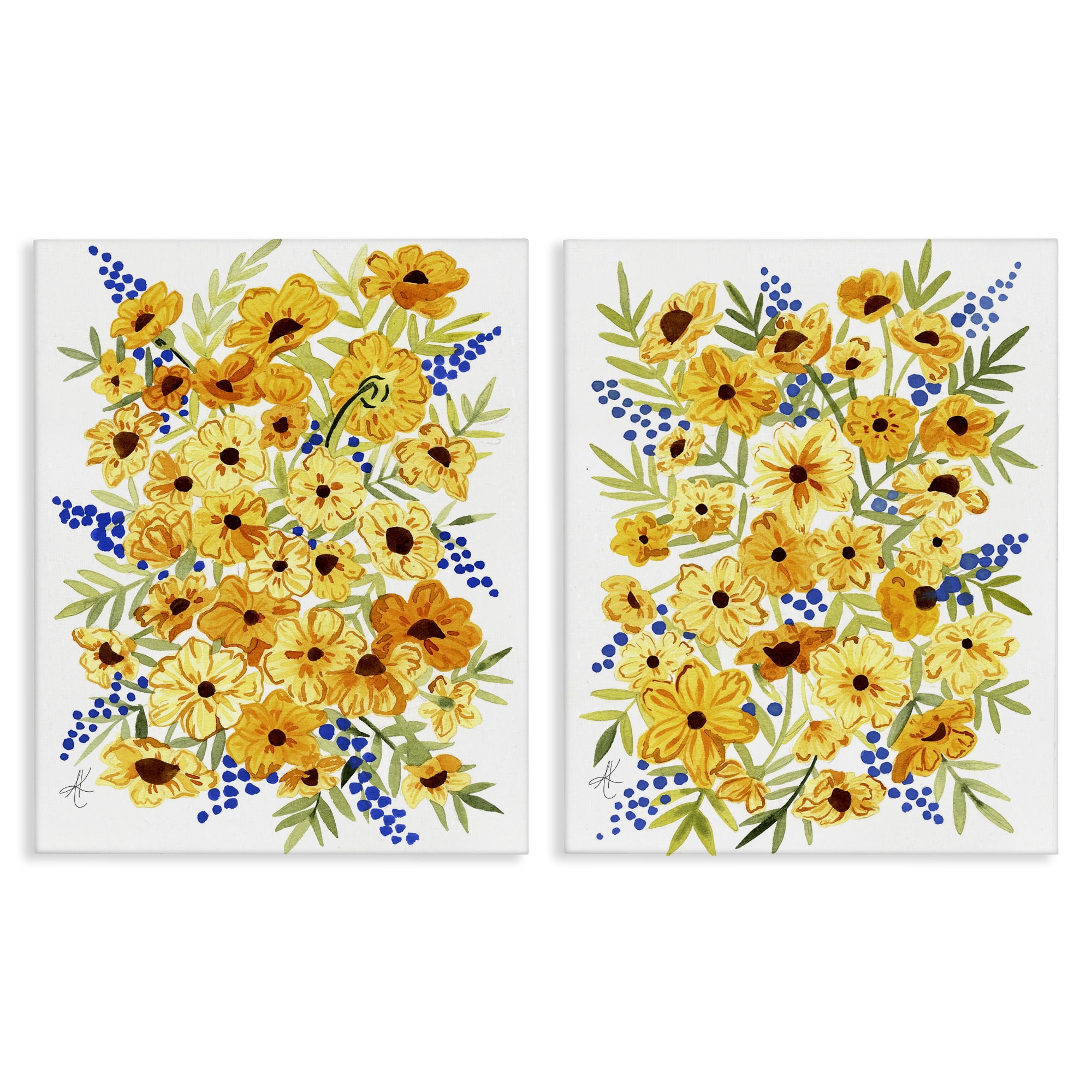 Stupell Industries Golden Cosmos with Blue Berries Plants & Flowers Painting Wrapped Canvas Art Print Wall Art, 16 x 20, Set of 2
