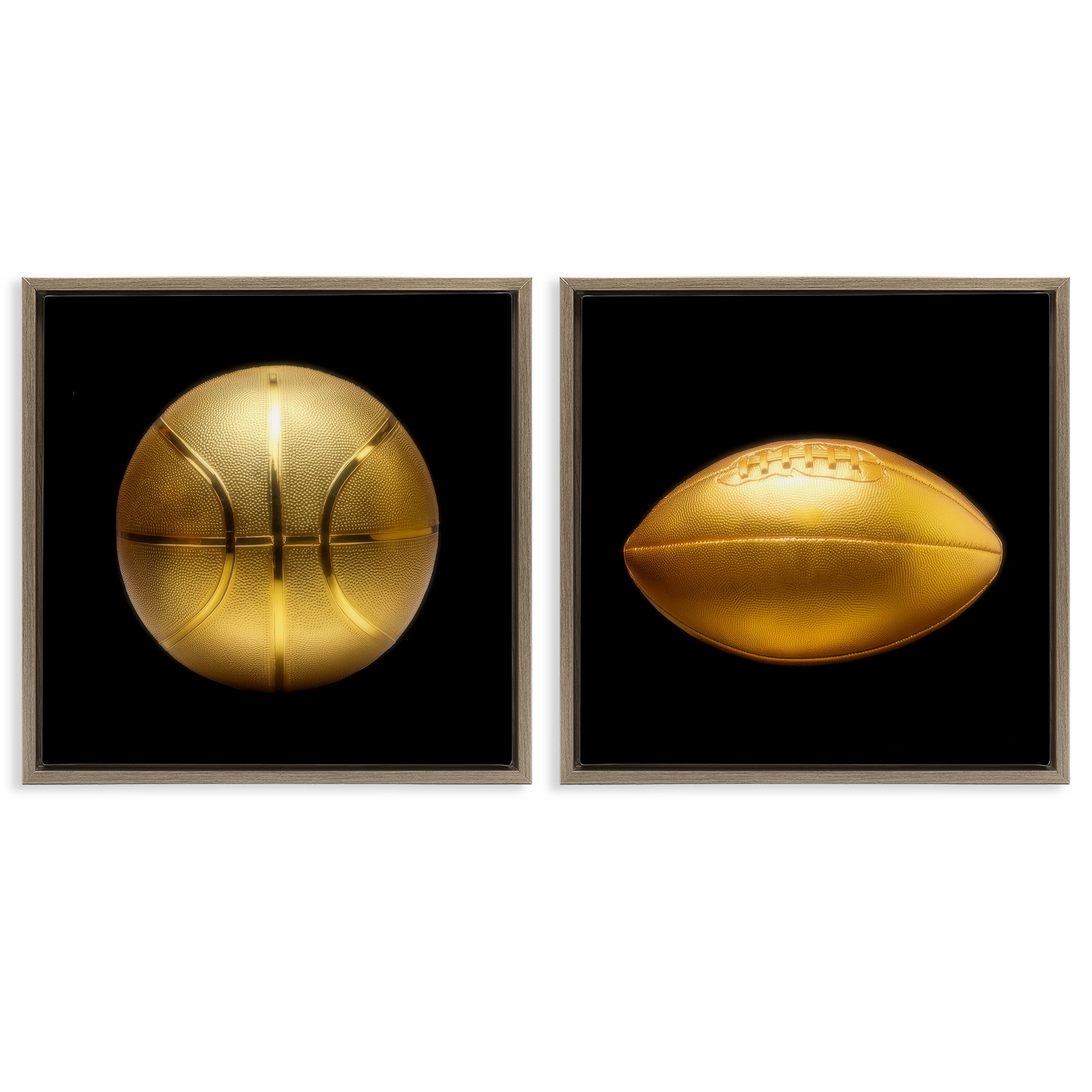 Stupell Industries Golden Designer Sports Balls Sports Painting Brown Floater Framed Canvas Art Print Wall Art, 25 x 25, Set of 2