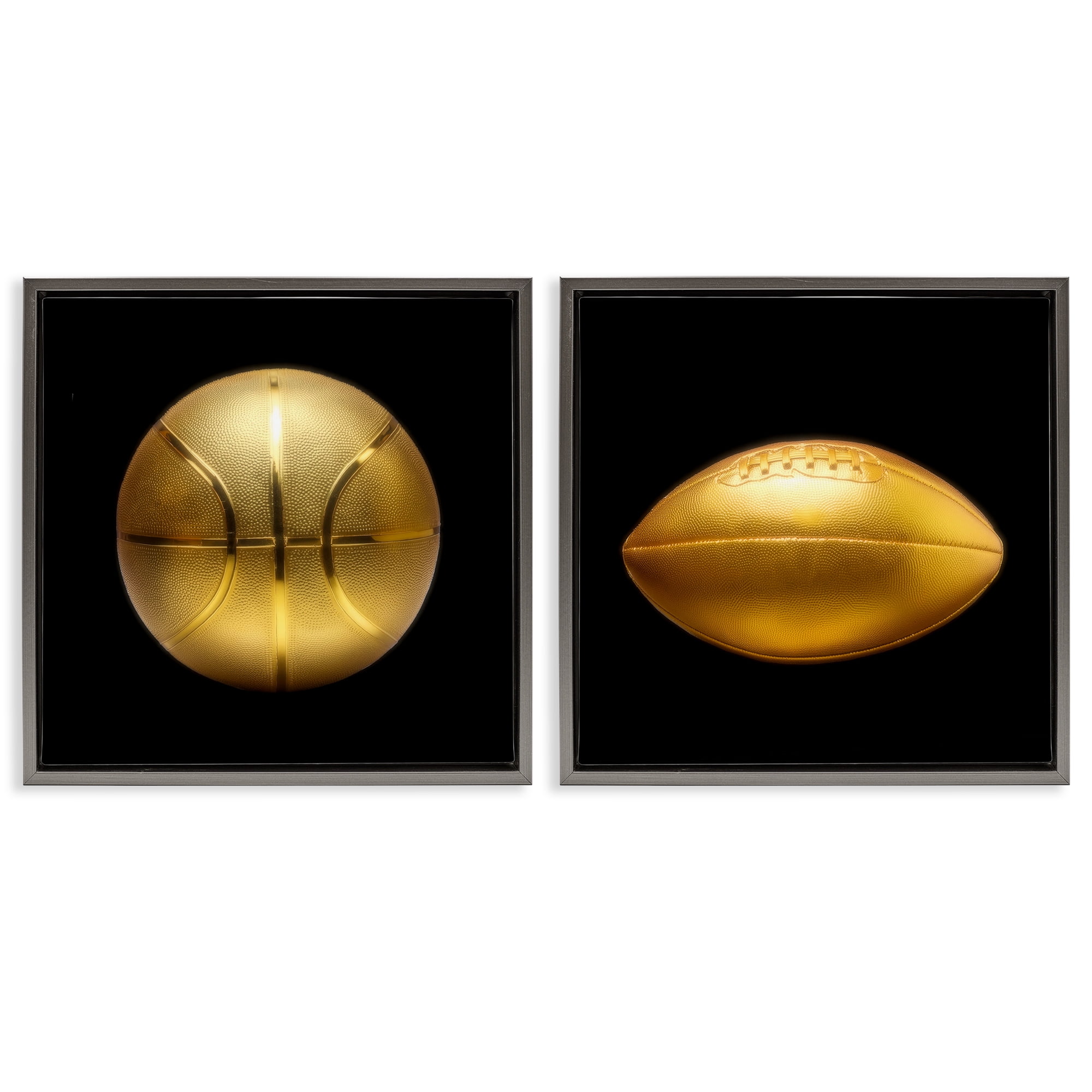 Stupell Industries Golden Designer Sports Balls Sports Painting Gray Floater Framed Canvas Art Print Wall Art, 18 x 18, Set of 2