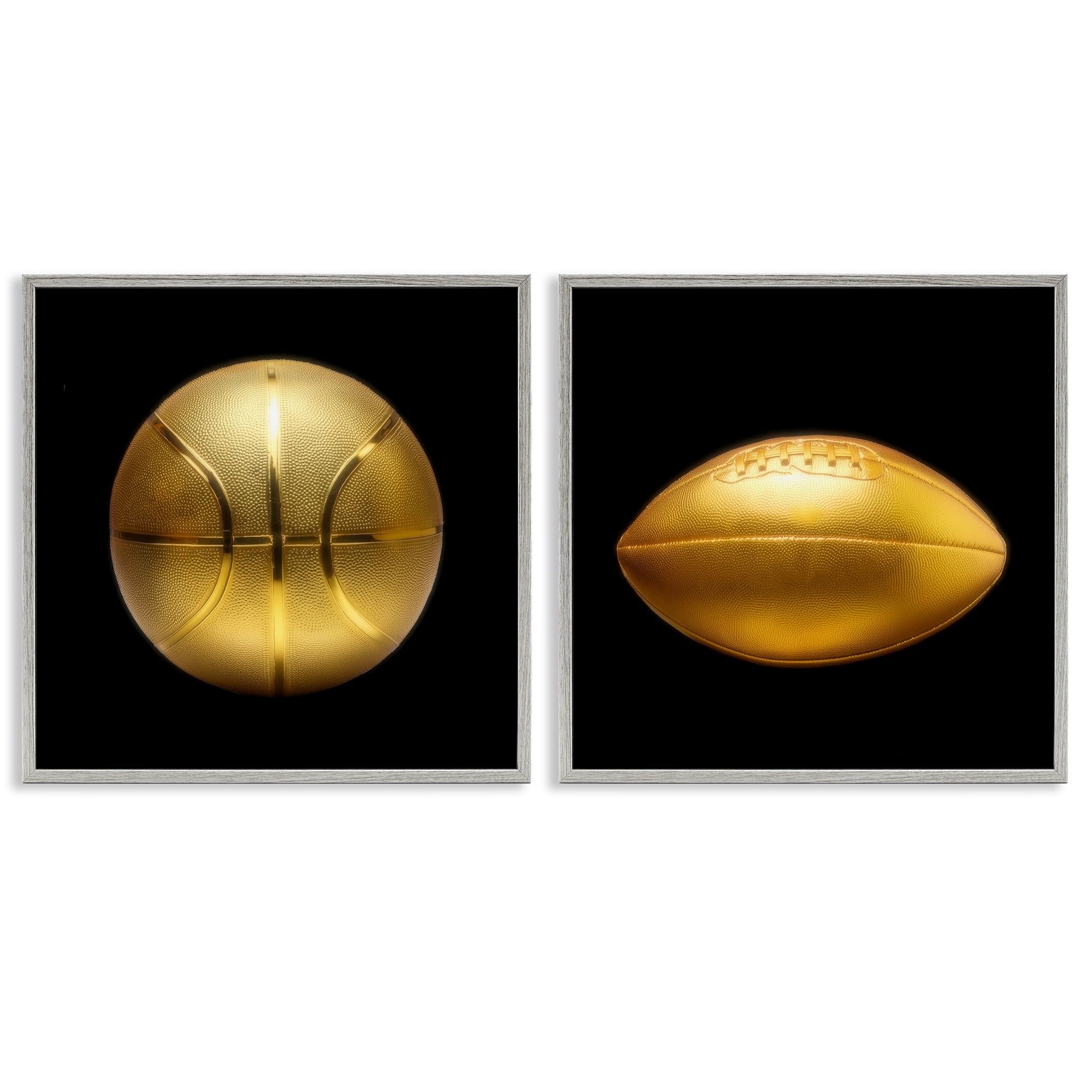 Stupell Industries Golden Designer Sports Balls Sports Painting Gray Framed Art Print Wall Art, 24 x 24, Set of 2