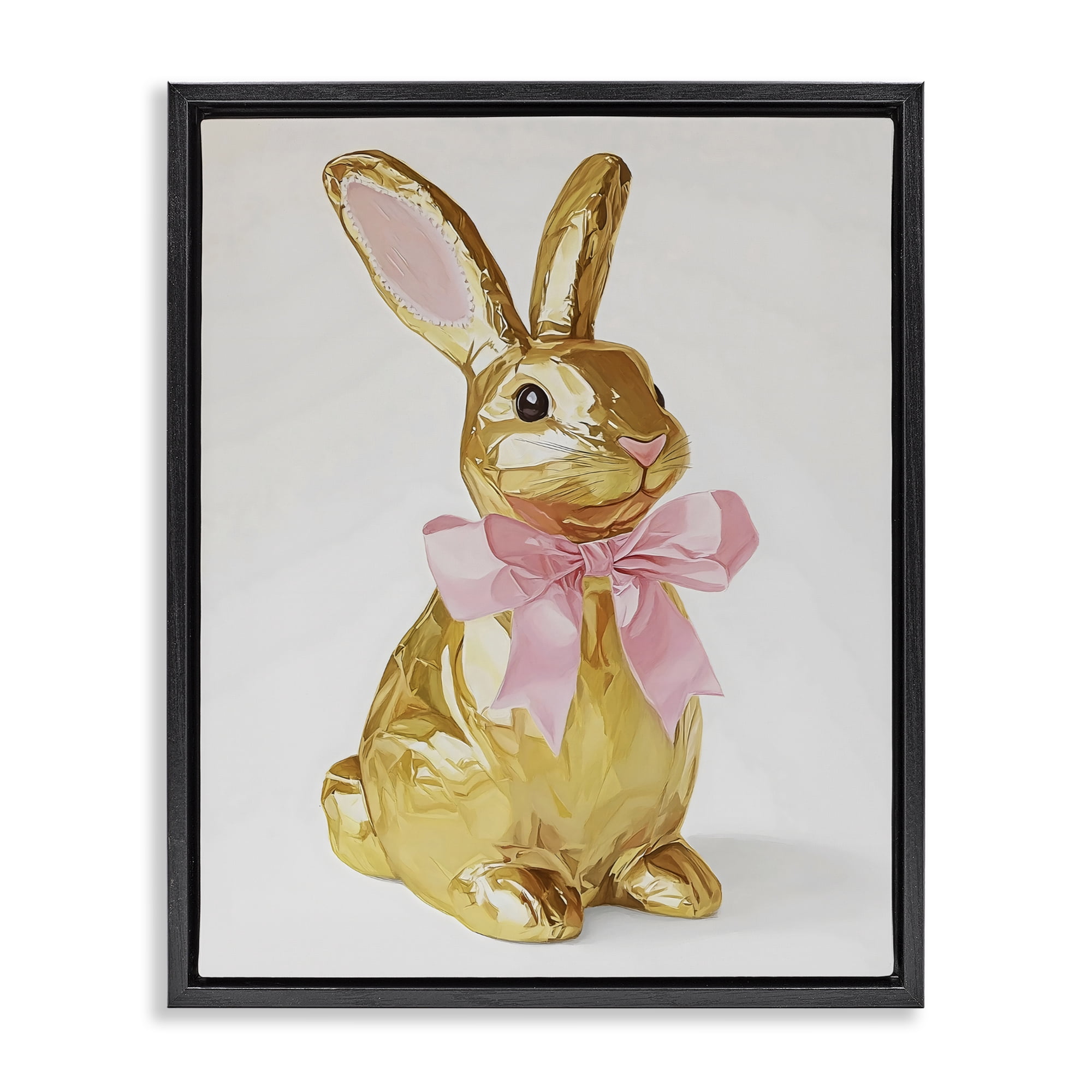 Stupell Industries Golden Easter Bunny with Ribbon Black Framed Floater Canvas Wall Art, design by The Prints Vibe