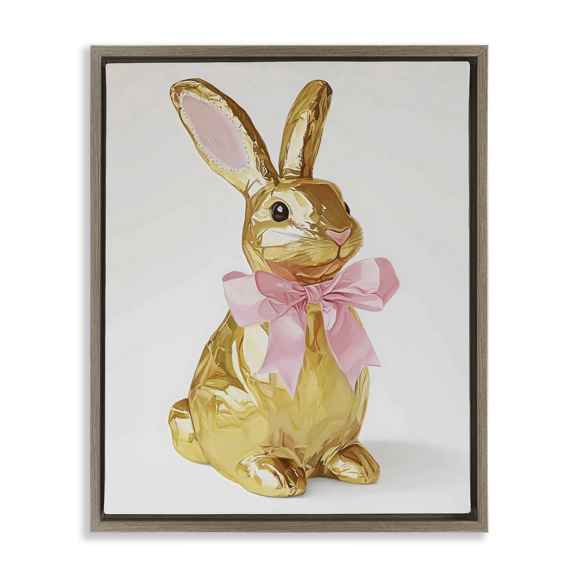 Stupell Industries Golden Easter Bunny with Ribbon Brown Framed Floater Canvas Wall Art, design by The Prints Vibe