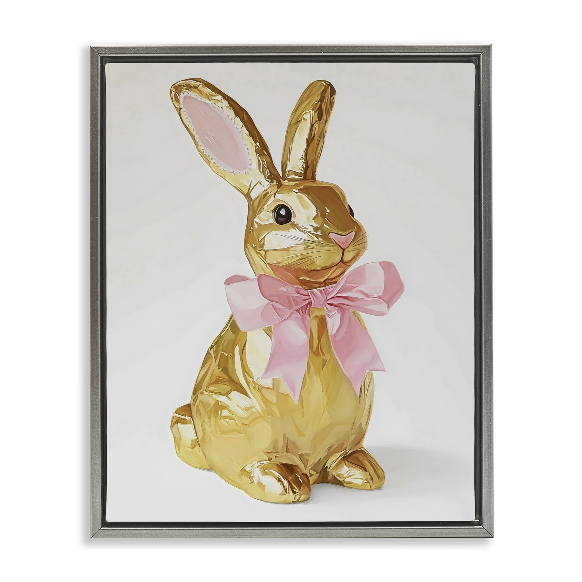 Stupell Industries Golden Easter Bunny with Ribbon Gray Framed Floater Canvas Wall Art, design by The Prints Vibe