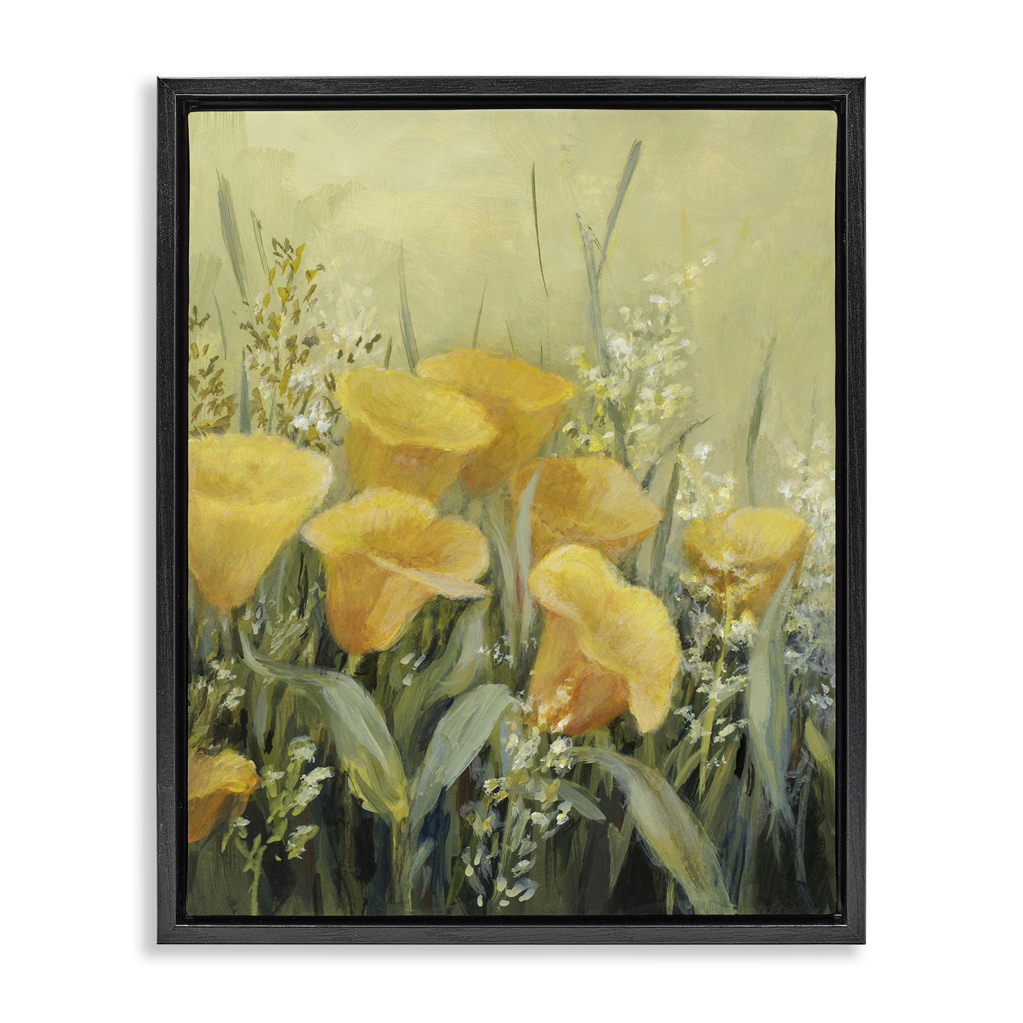 Stupell Industries Golden Horned Poppies Plants & Flowers Painting Black Floater Framed Canvas Art Print Wall Art, 25 x 31