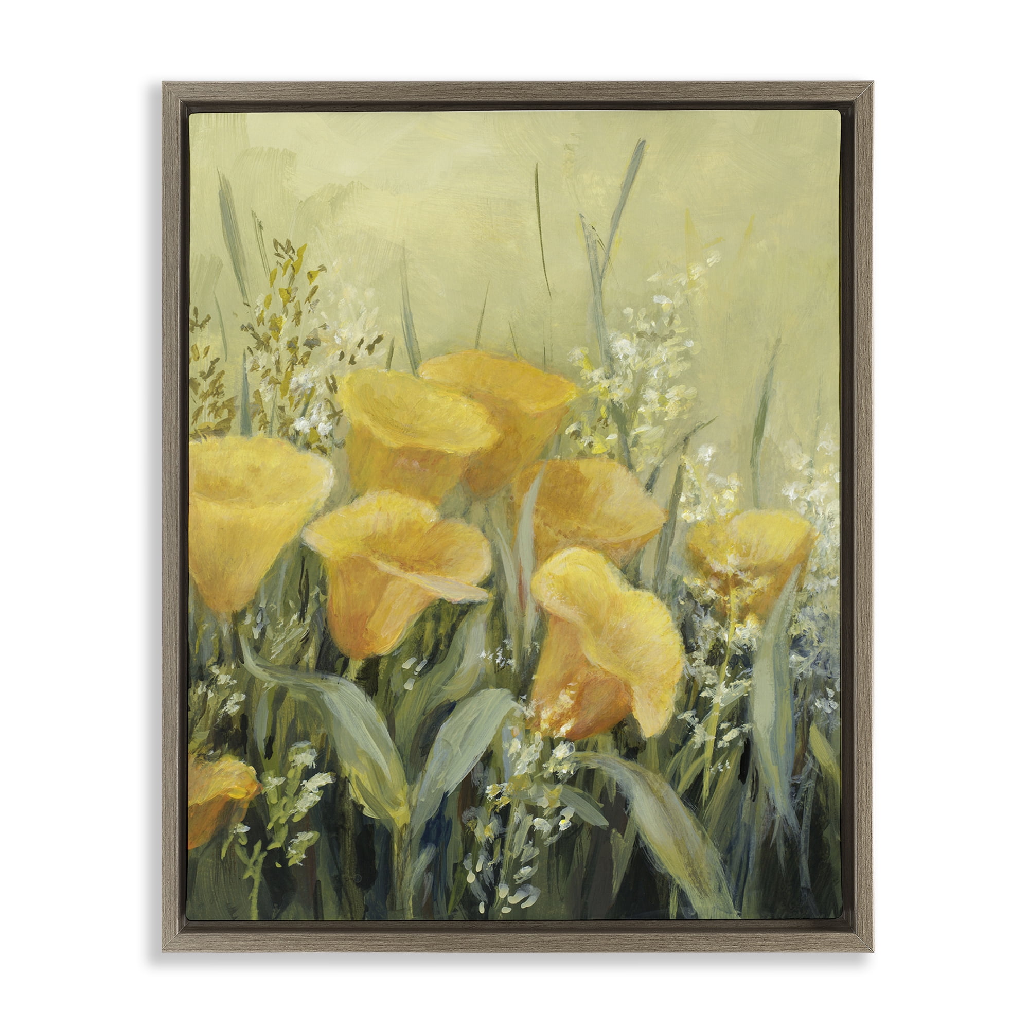 Stupell Industries Golden Horned Poppies Plants & Flowers Painting Brown Floater Framed Canvas Art Print Wall Art, 17 x 21