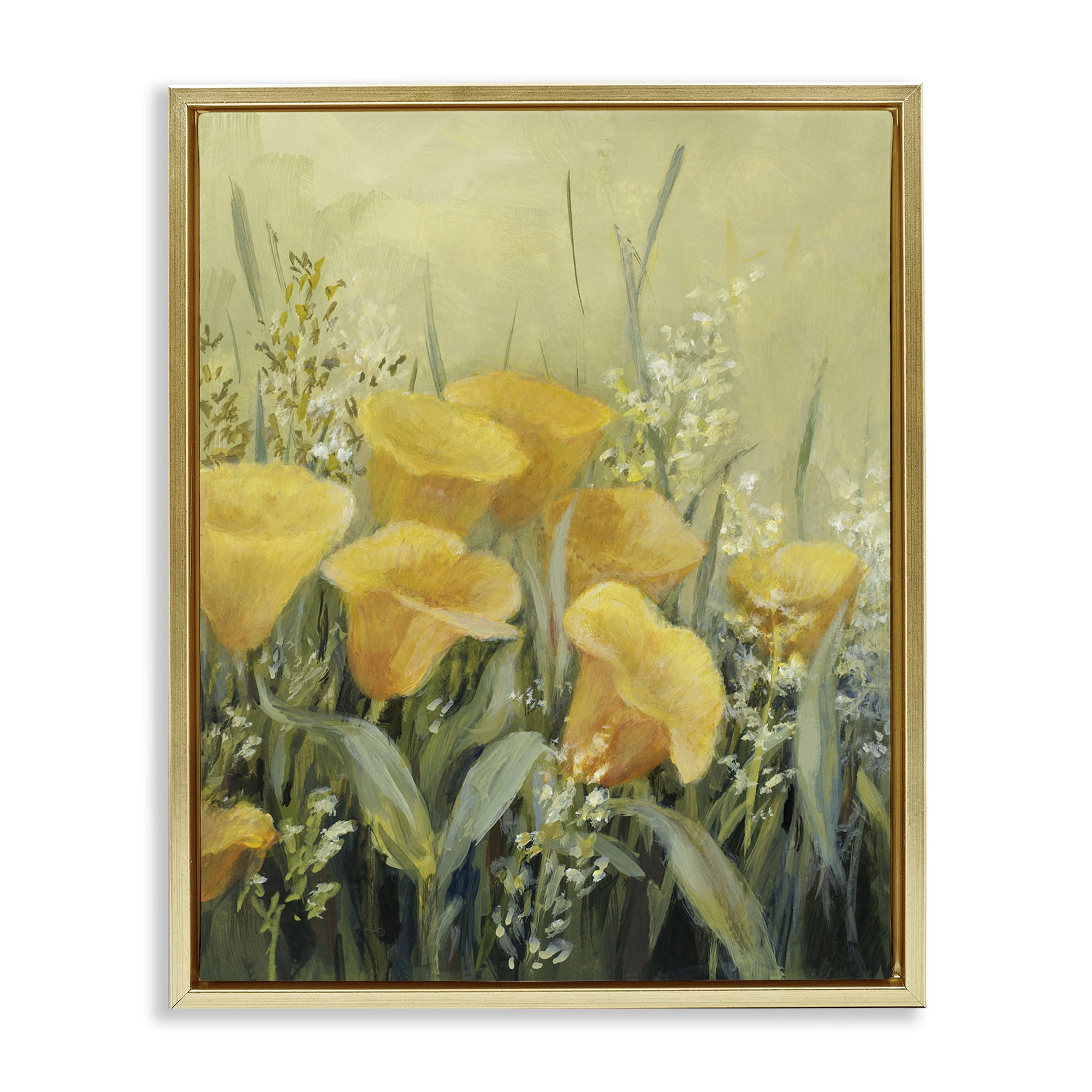 Stupell Industries Golden Horned Poppies Plants & Flowers Painting Gold Floater Framed Canvas Art Print Wall Art, 25 x 31