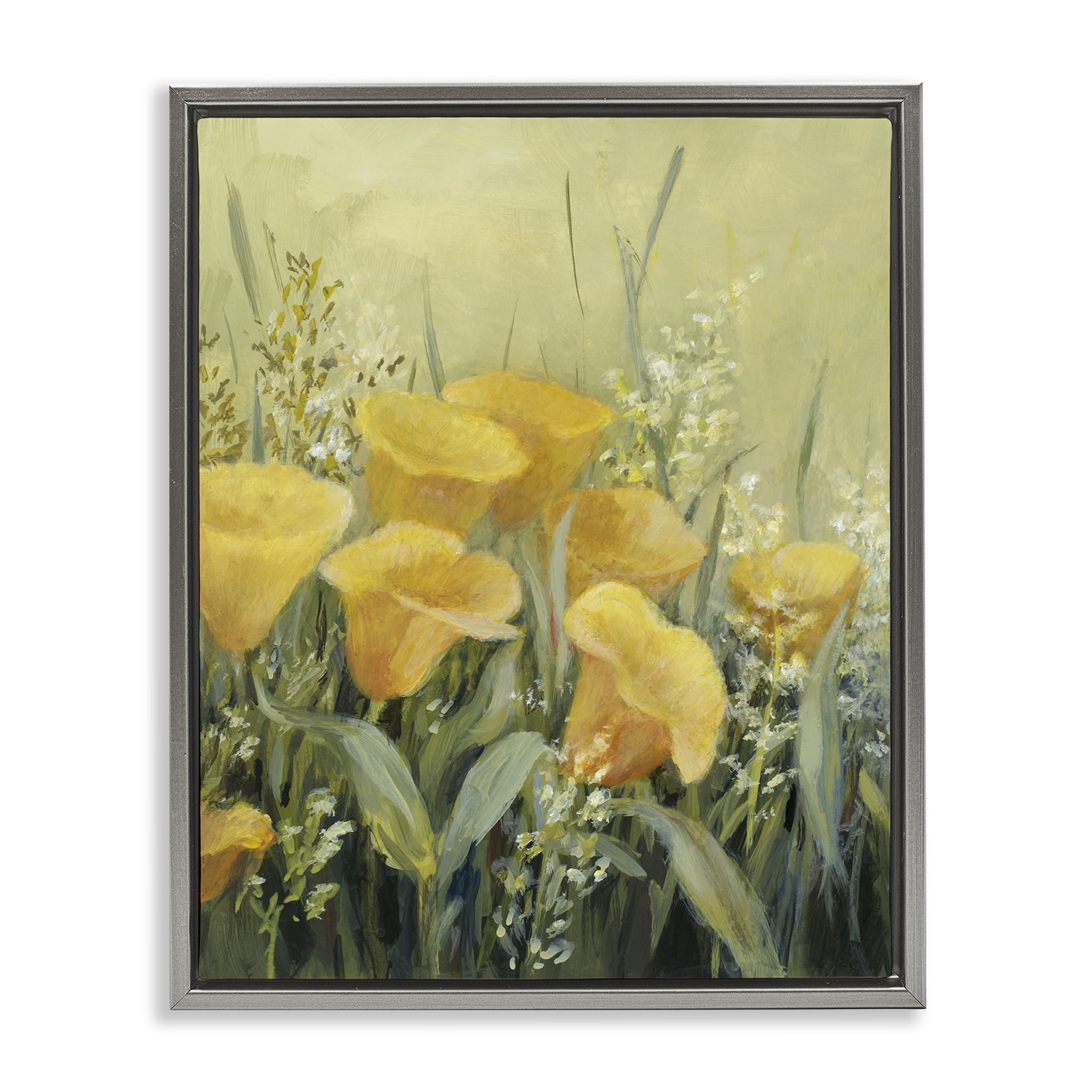 Stupell Industries Golden Horned Poppies Plants & Flowers Painting Gray Floater Framed Canvas Art Print Wall Art, 25 x 31