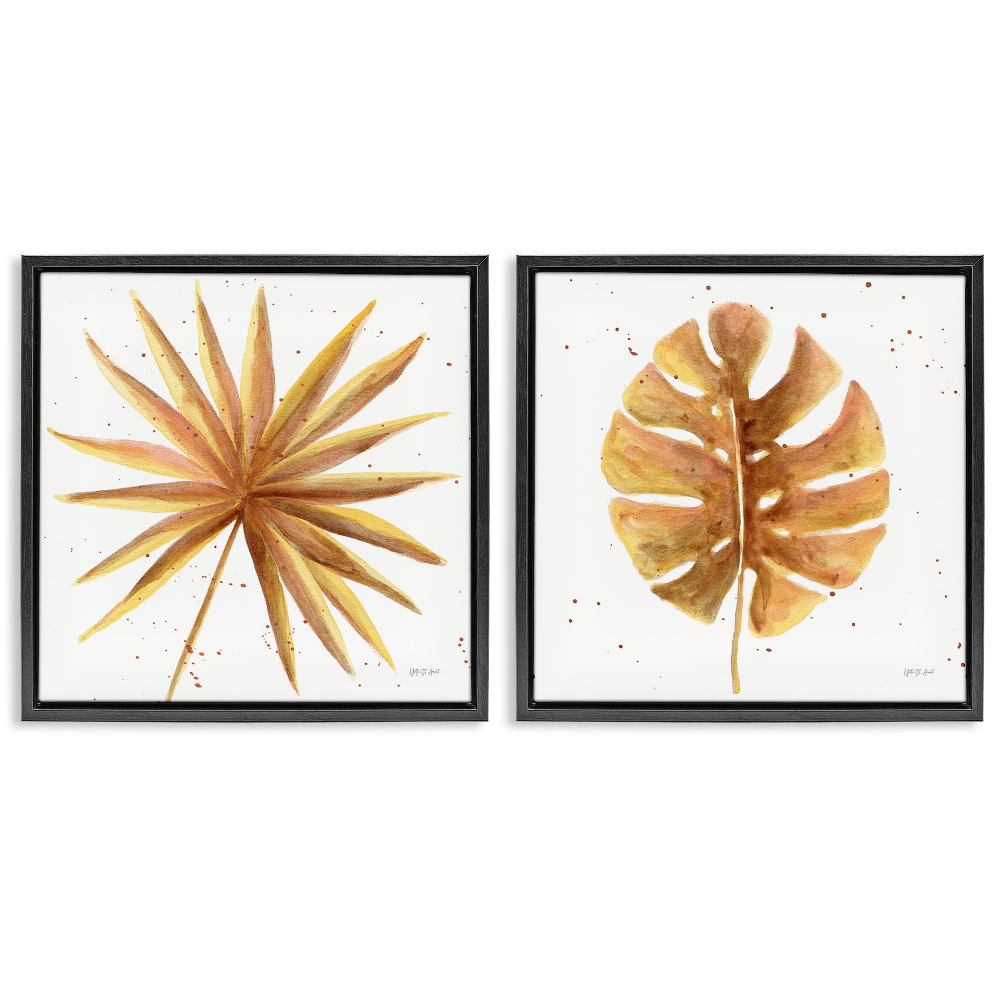 Stupell Industries Golden Palm Monstera Leaves Plants & Flowers Painting Black Floater Framed Canvas Art Print Wall Art, 25 x 25, Set of 2