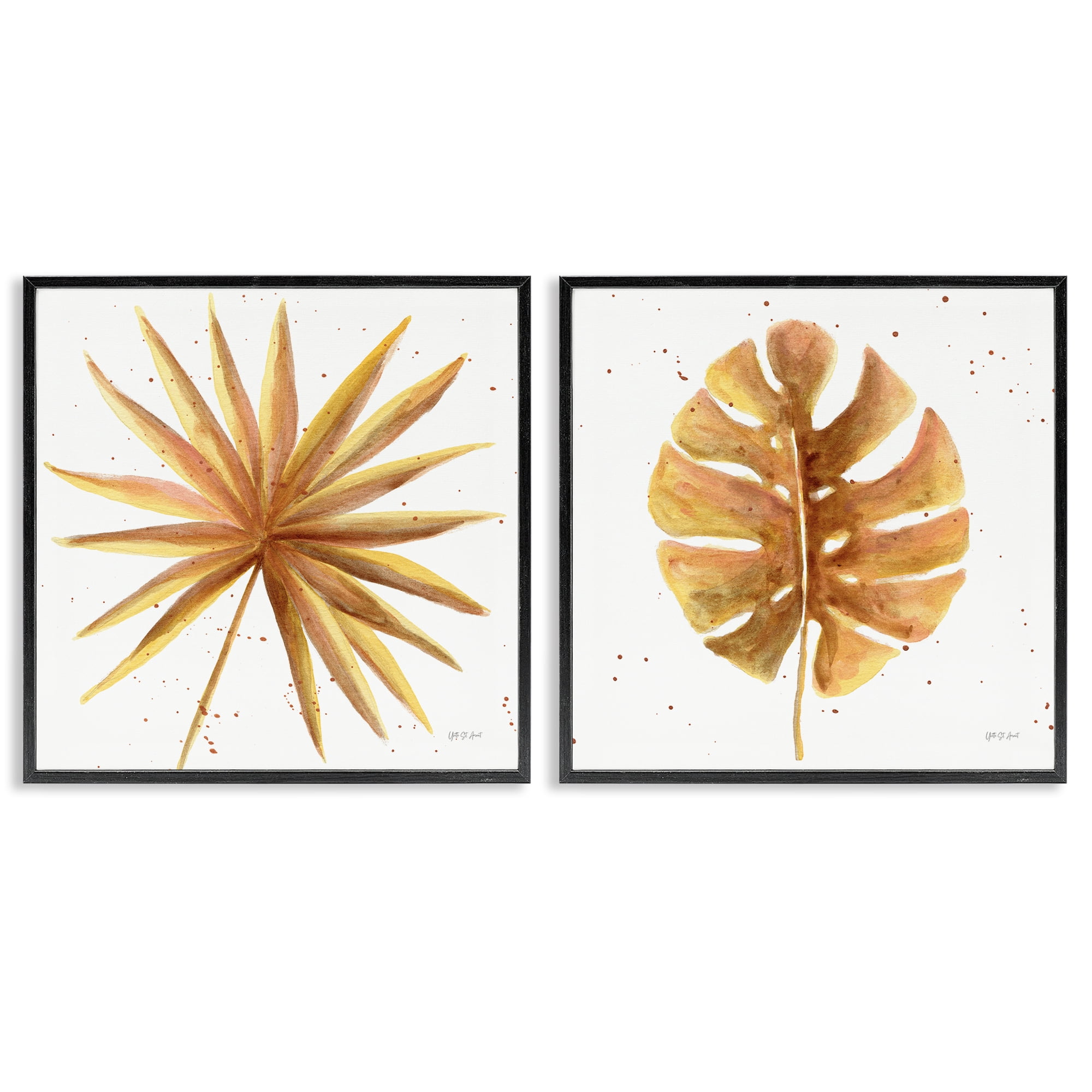 Stupell Industries Golden Palm Monstera Leaves Plants & Flowers Painting Black Framed Art Print Wall Art, 24 x 24, Set of 2